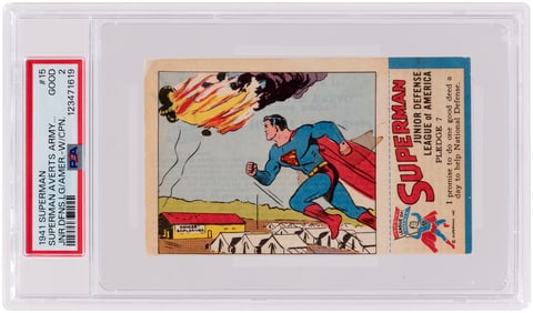 1941 SUPERMAN PREMIUM BREAD CARD #15 COMPLETE WITH STAMP PSA 2 GOOD.