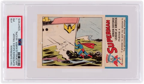 1941 SUPERMAN PREMIUM BREAD CARD #16 COMPLETE WITH STAMP PSA 1 POOR.