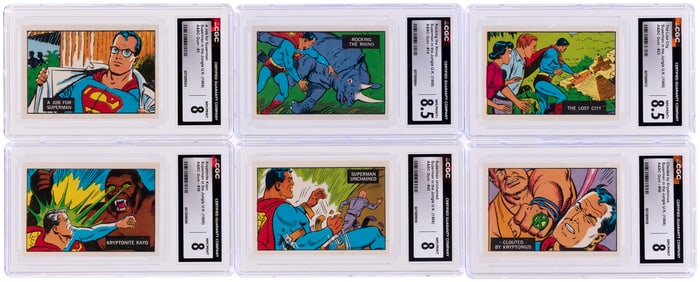 1968 A&BC SUPERMAN IN THE JUNGLE COMPLETE ENGLISH CARD SET CGC GRADED PLUS WRAPPER.