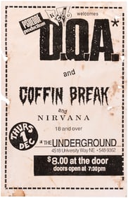 D.O.A. AND COFFIN BREAK AND NIRVANA 1988 SEATTLE, WA CONCERT POSTER.