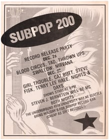 NIRVANA 1988 SEATTLE, WA SUB POP 200 RECORD RELEASE PARTY CONCERT FLYER CHARLES BURNS ART.