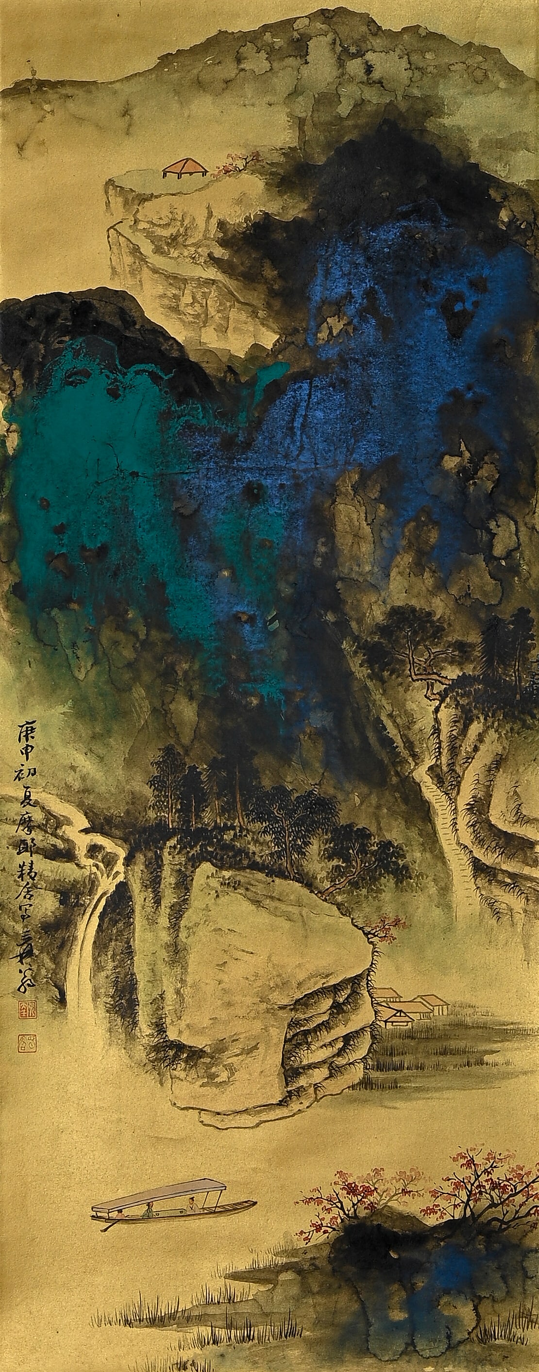 Zhang Daqian splash color landscape map gold foil paper this shaft: 101 cmx40. 5 cm