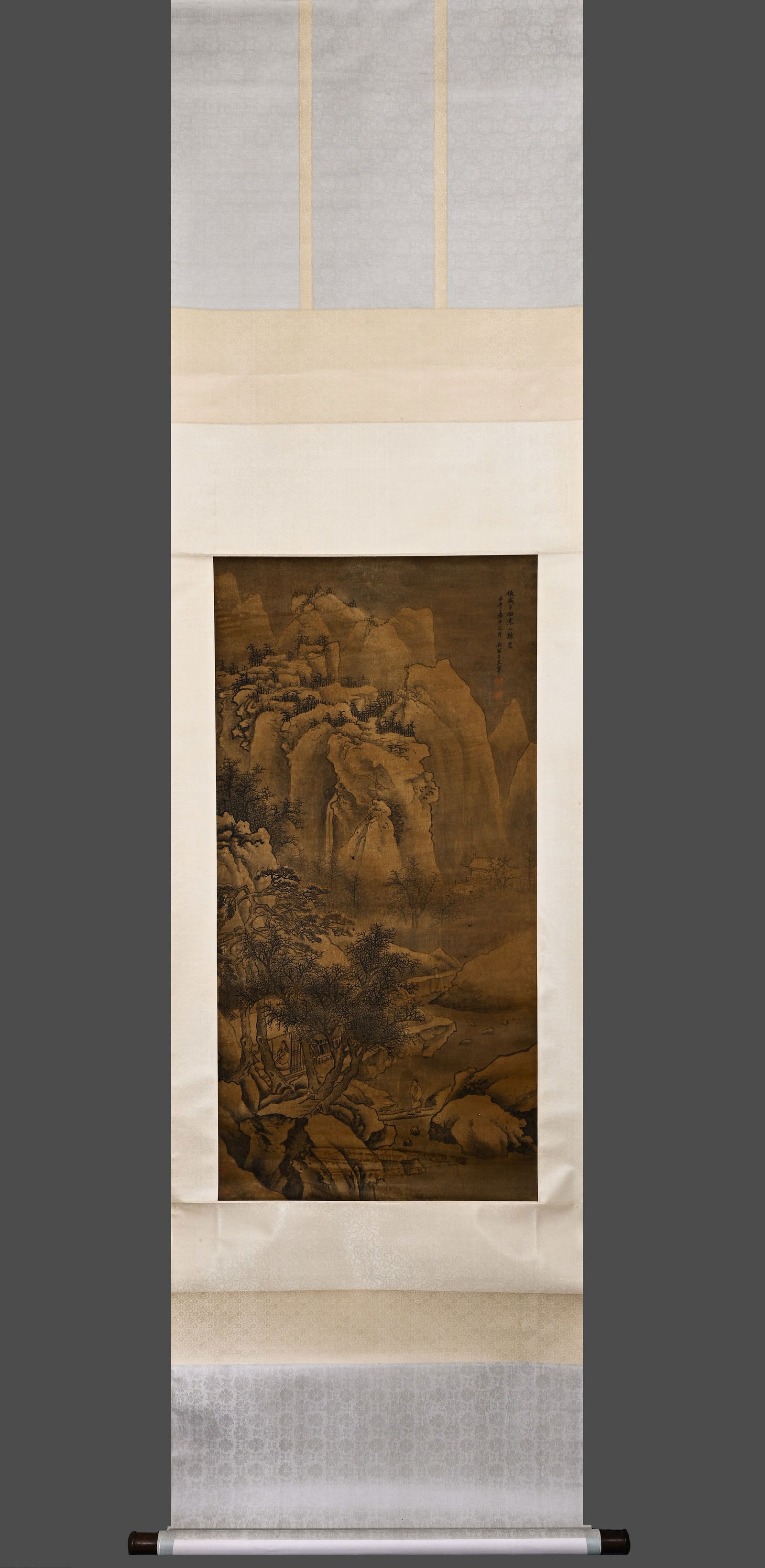 Ancient Chinese Wang Hui's Listening to the Spring Scroll, ink on silk, hanging scroll: Ancient Chinese Wang Hui's Listening to the Spring Scroll, ink on silk, hanging scrollW112cmX56cm