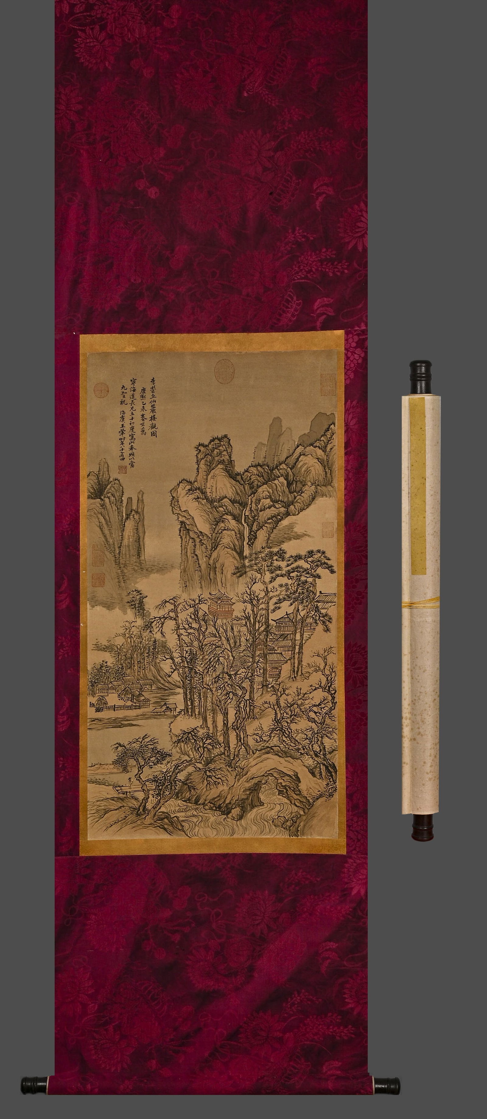 Wang Hui Viewing Scenery, ink and color on silk, hanging scroll: Wang Hui Viewing Scenery, ink and color on silk, hanging scrollW90cmX46cm