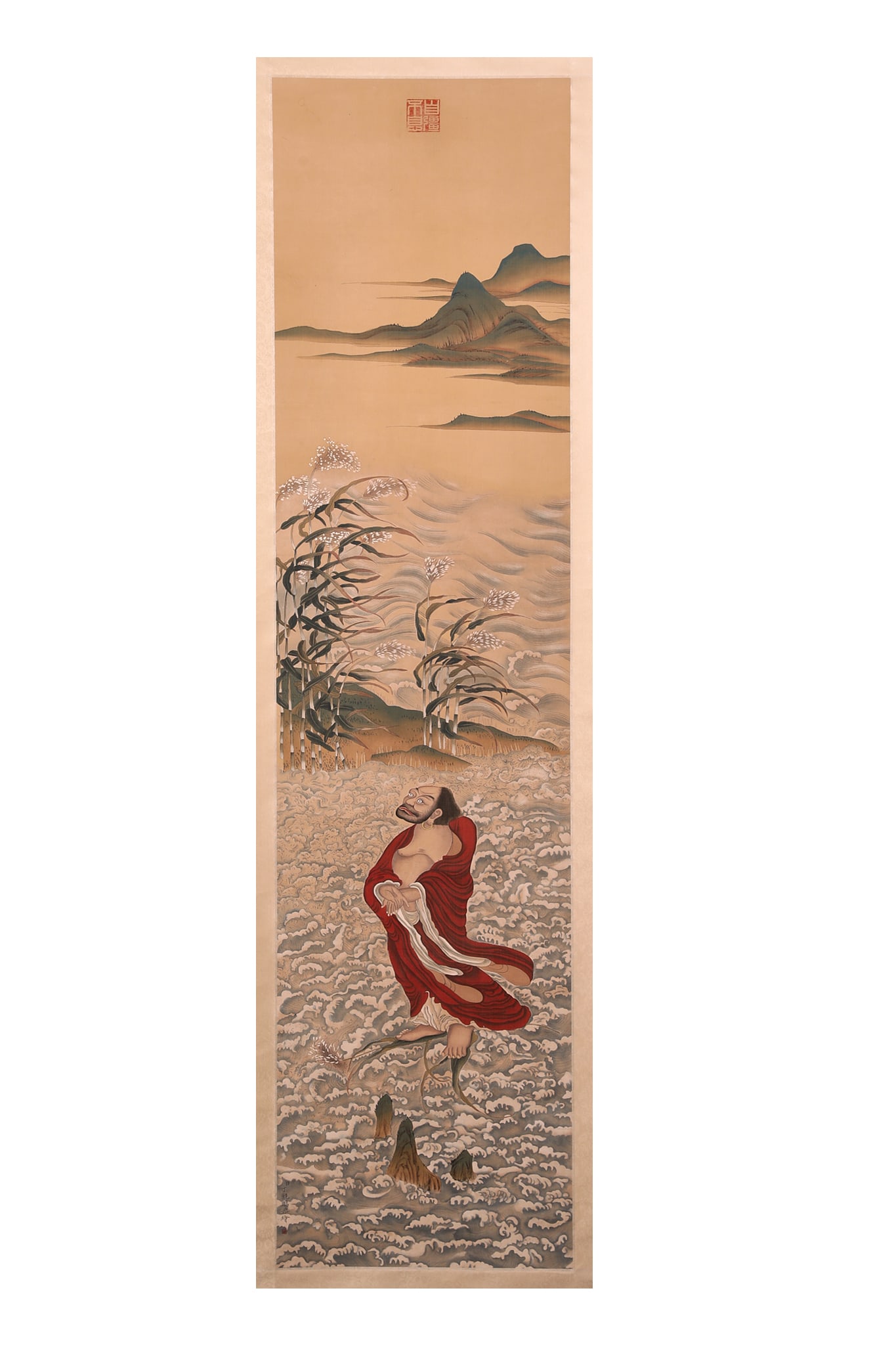 Chinese ink painting, hanging scroll, depicting a reed crossing a river.: 38Chinese ink painting, hanging scroll, depicting a reed crossing a river.