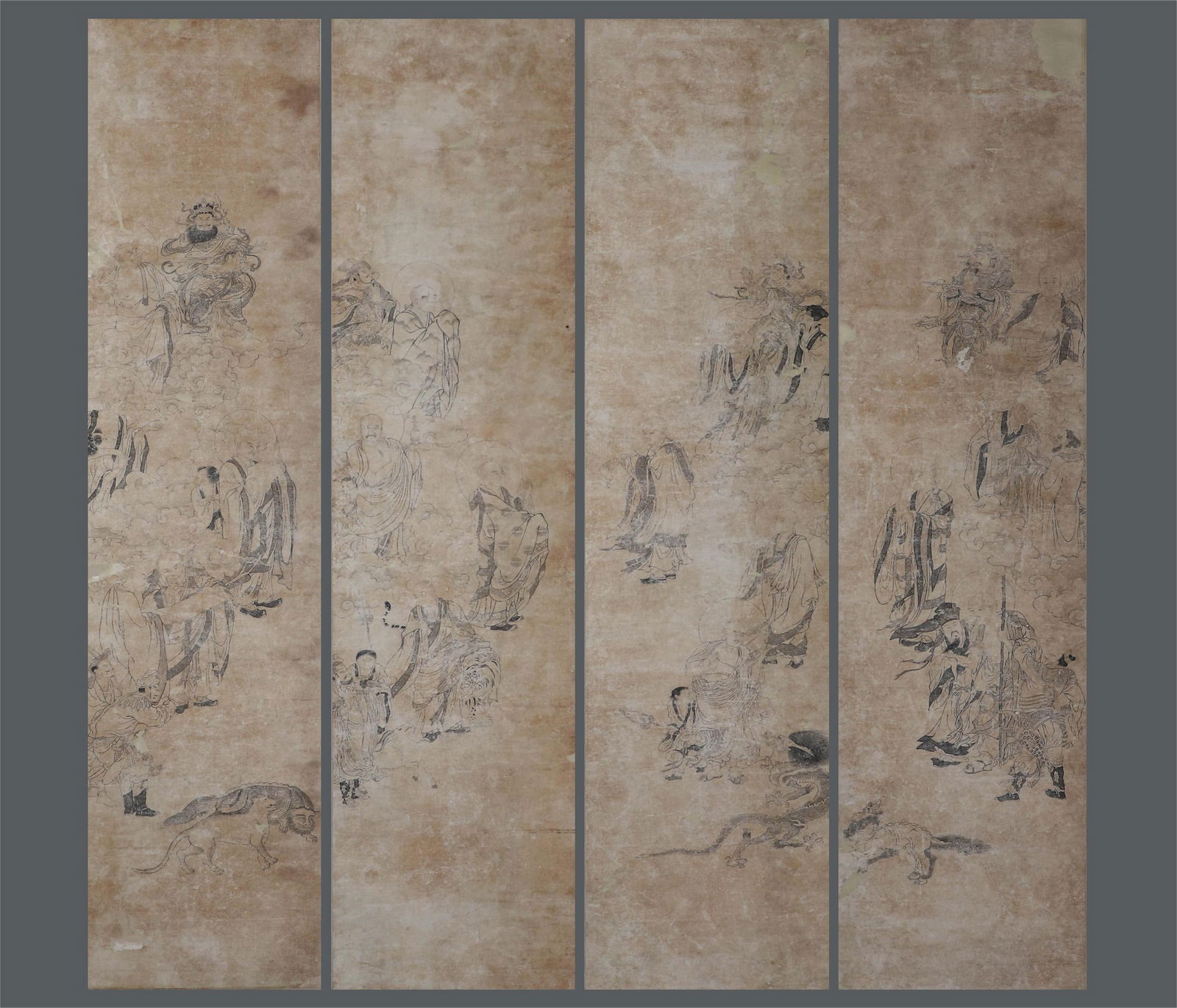 Four-panel Chinese ink paintings on paper, by an anonymous artist, depicting figures. (1 of 20)