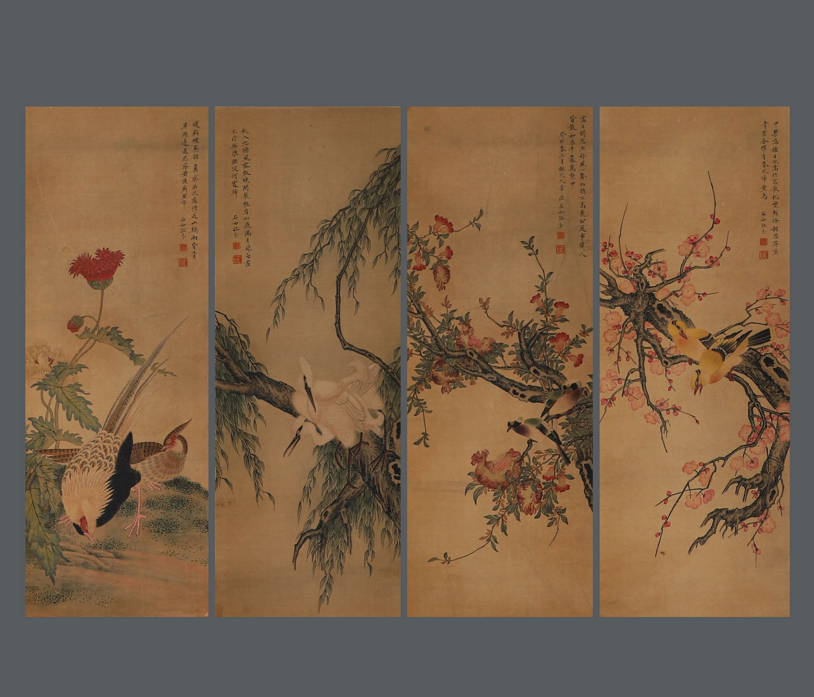 Chinese ink painting by Jiang Jie, four silk scrolls depicting flowers and birds. (1 of 20)