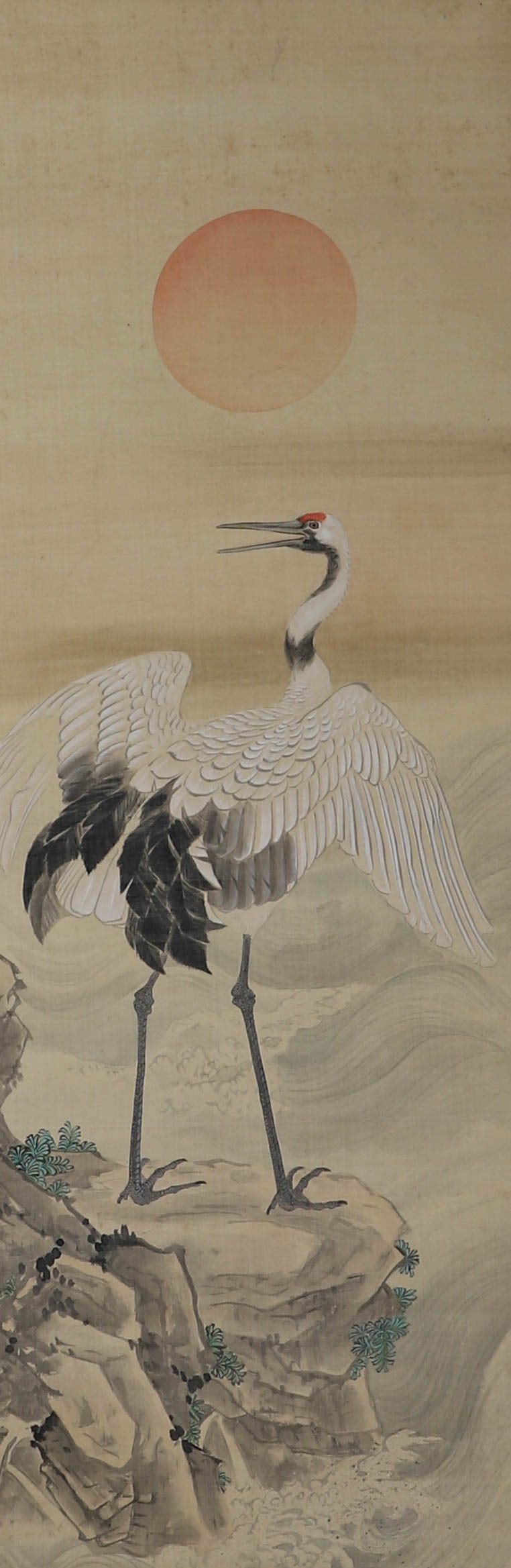 Chinese ink painting, anonymous, silk scroll, depicting cranes. (1 of 6)