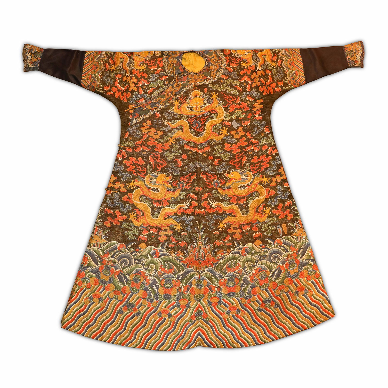 Qing Dynasty Embroidered Peacock Feather Twelve-Spotted Dragon Robe: 395Qing Dynasty Embroidered Peacock Feather Twelve-Spotted Dragon Robe