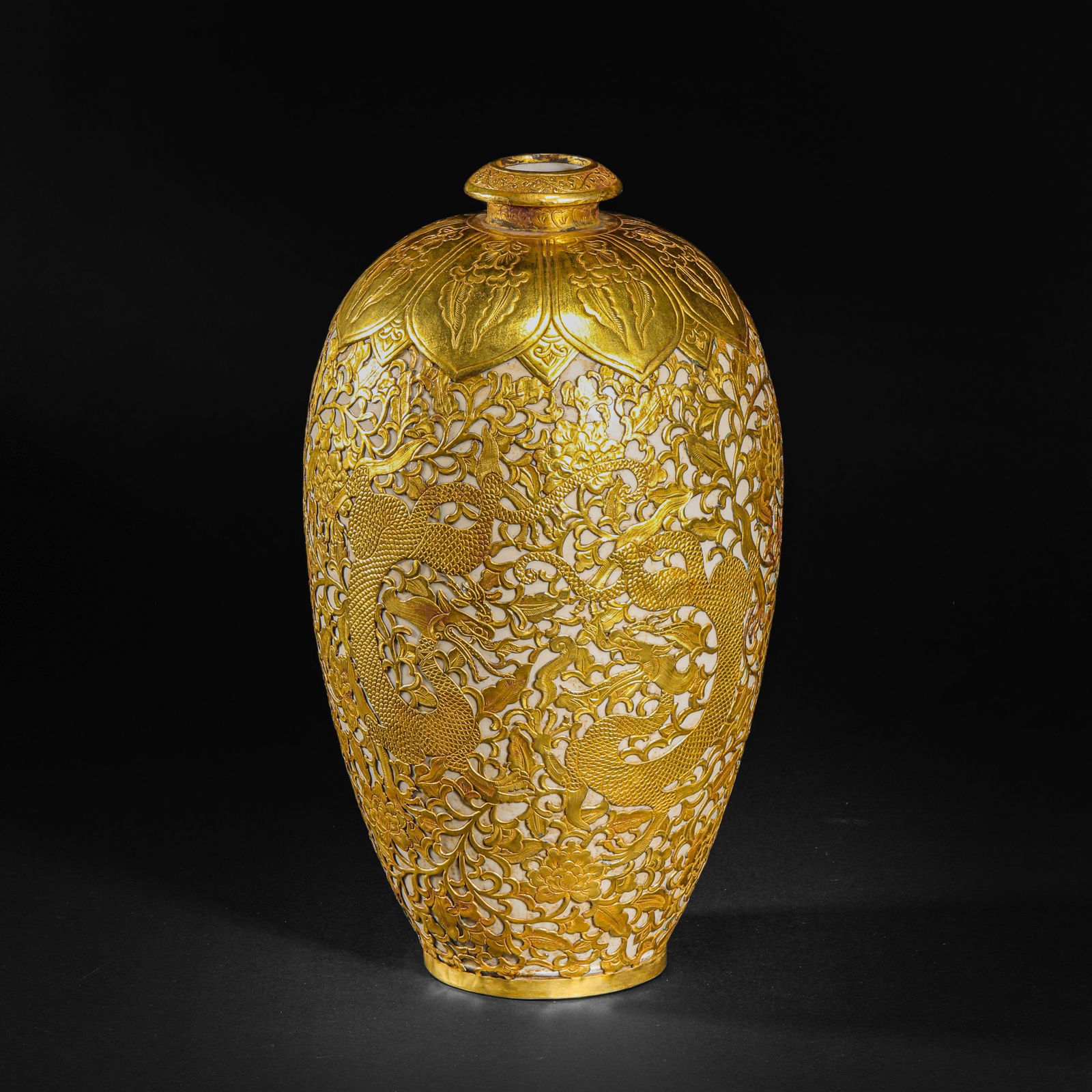 Pre-Ming Dynasty Gilded and Chased Plum Vase with Dragon and Phoenix Design (1 of 12)