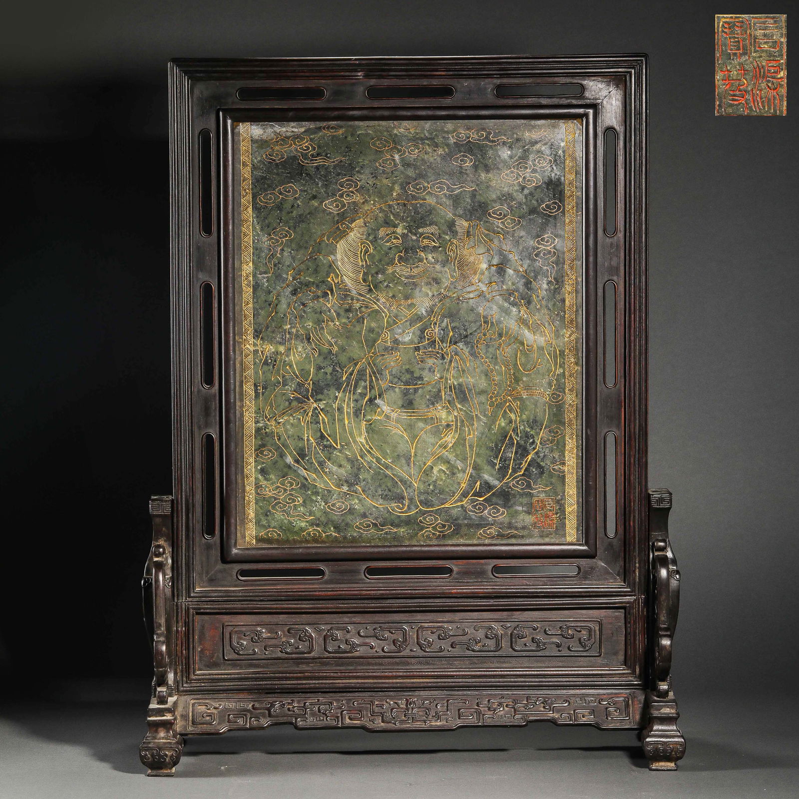 A Qing Dynasty Zitan (red sandalwood) screen inlaid with jade Arhat statues (1 of 16)
