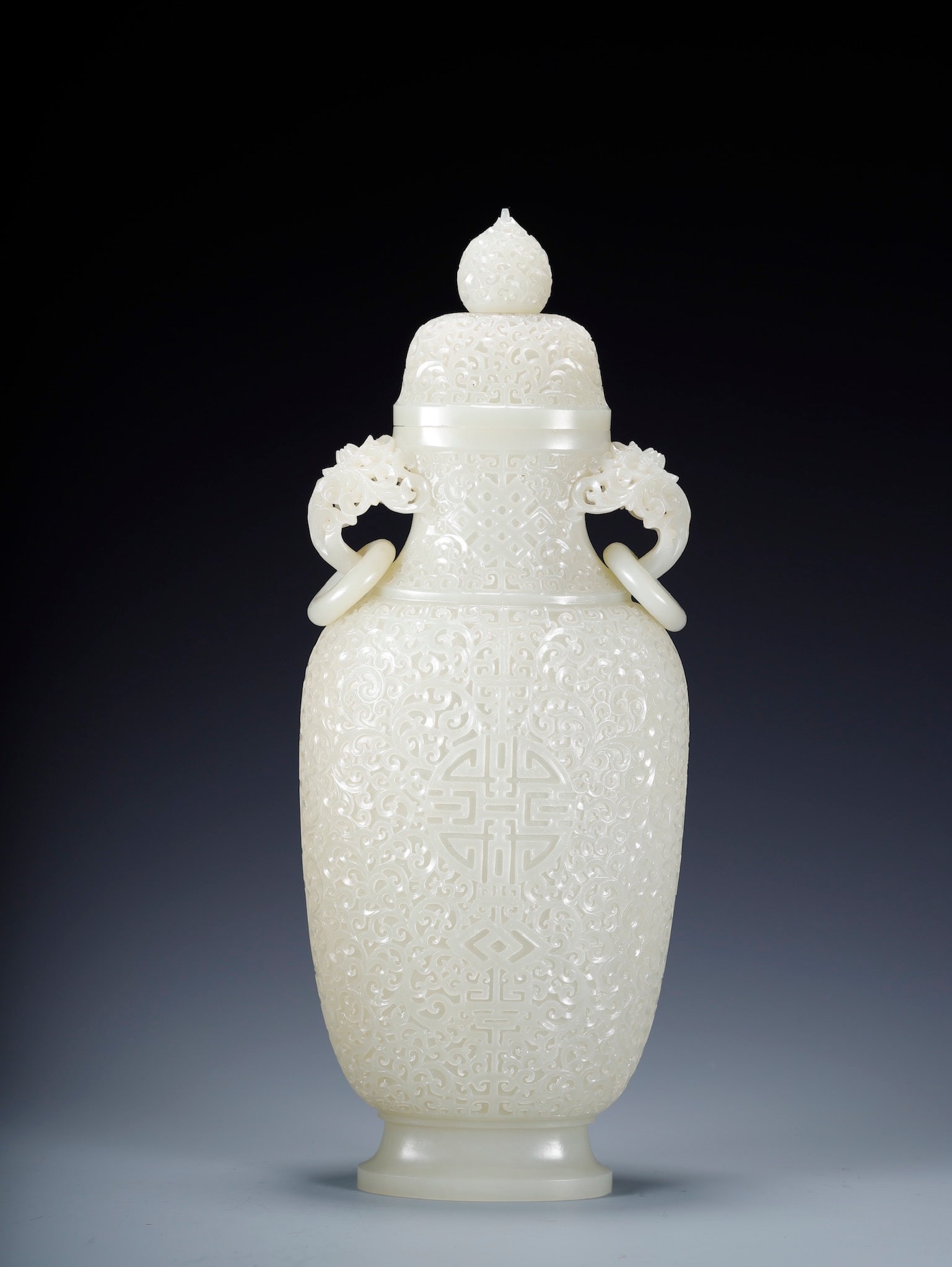 Qing Dynasty Hetian Jade Vase with Lotus and Longevity Pattern and Animal-shaped Handles (1 of 9)