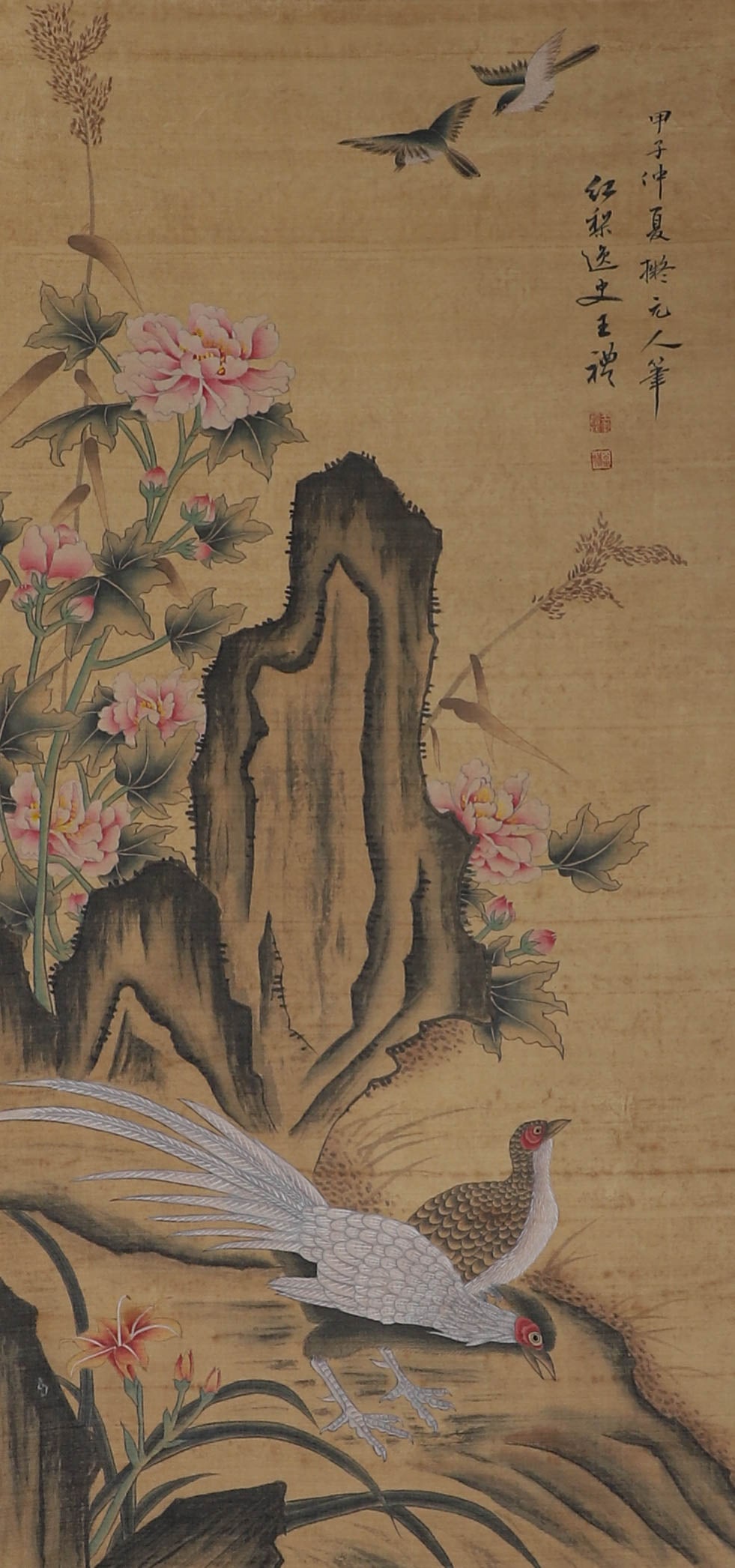 Chinese ink painting, Wang Li, silk scroll, depicting flowers and birds. (1 of 6)
