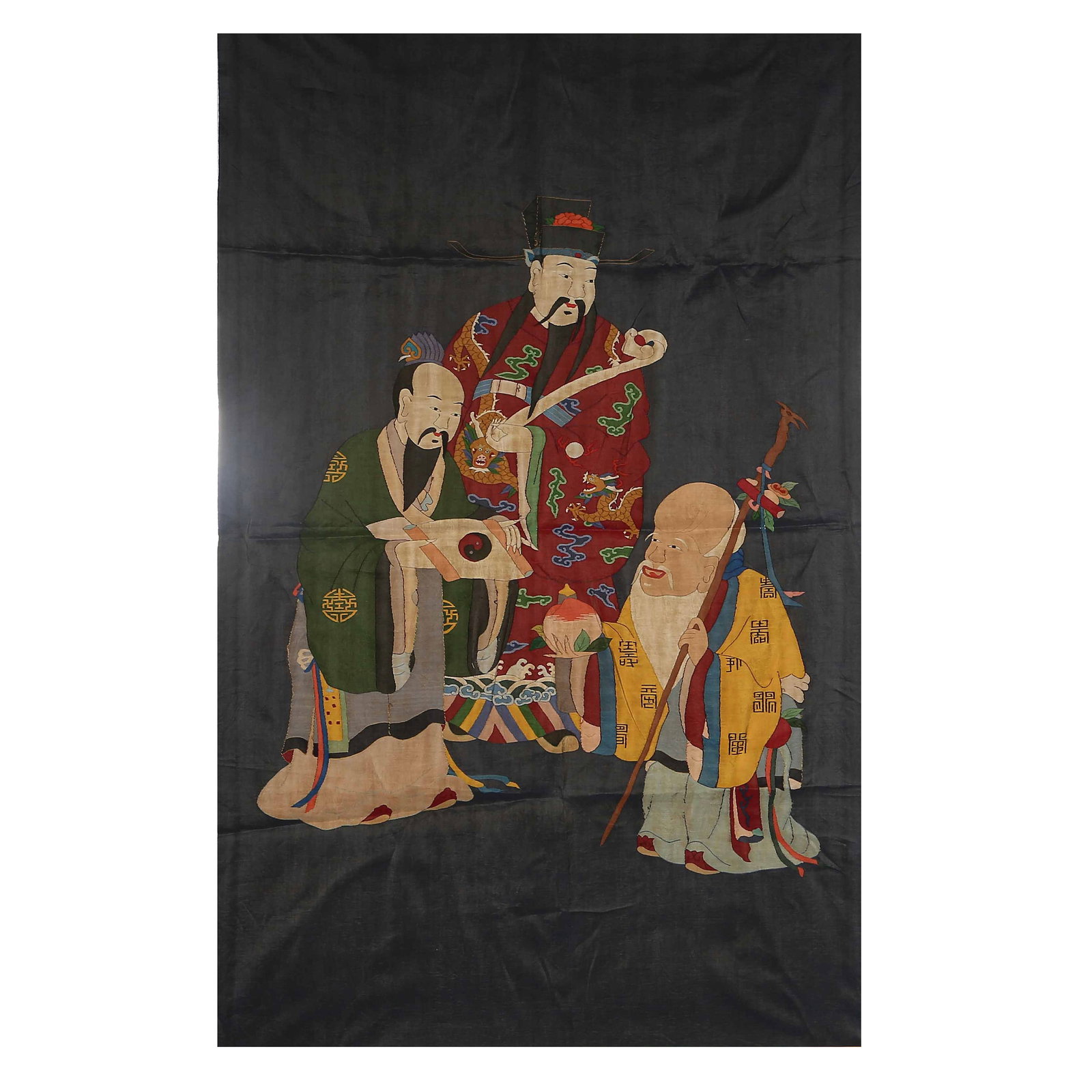 Chinese Qing Dynasty Kesi (silk tapestry) depicting the Three Star Gods of Fortune, Prosperity, and: 6Chinese Qing Dynasty Kesi (silk tapestry) depicting the Three Star Gods of Fortune, Prosperity, and Longevity.