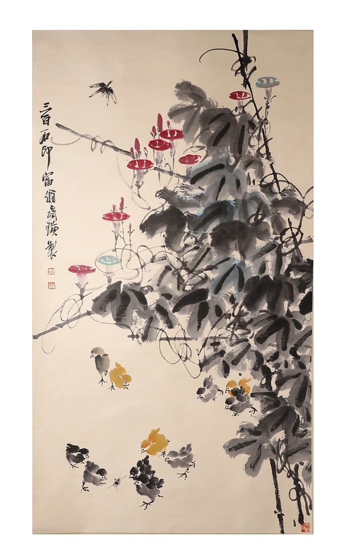 Chinese ink painting, Qi Baishi's flower and bird hanging scroll: 98Chinese ink painting, Qi Baishi's flower and bird hanging scroll