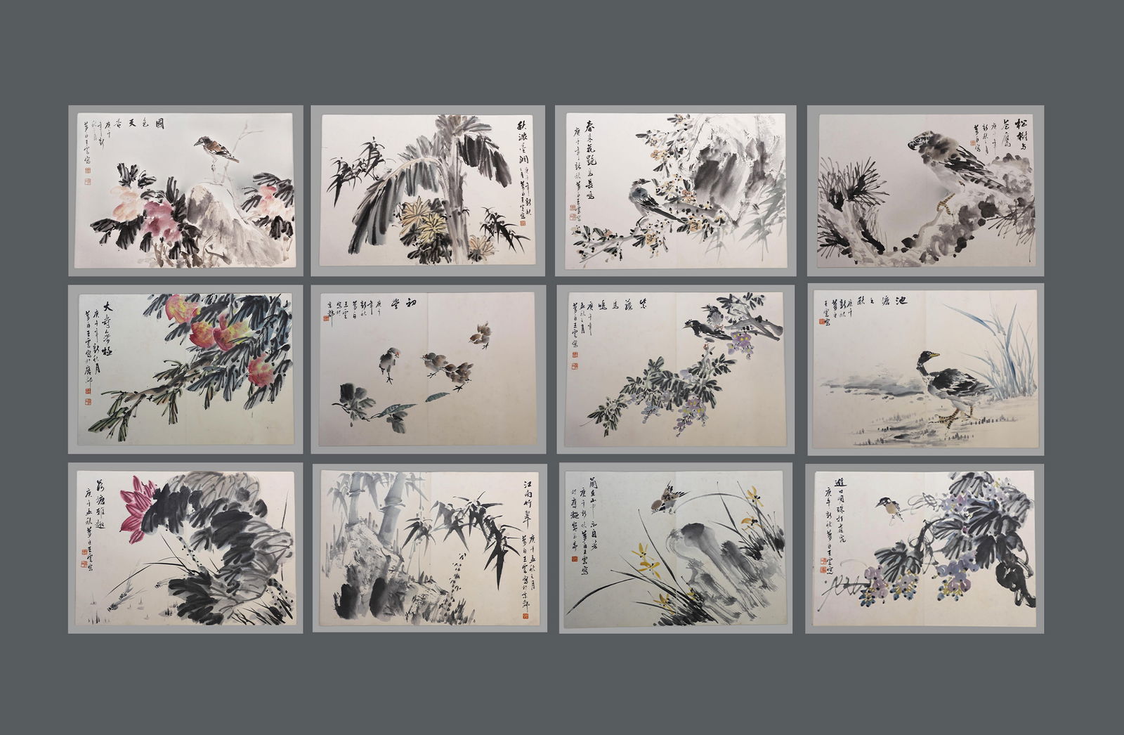 Chinese ink painting collection of flowers and birds on paper by Wang Yun (1 of 14)