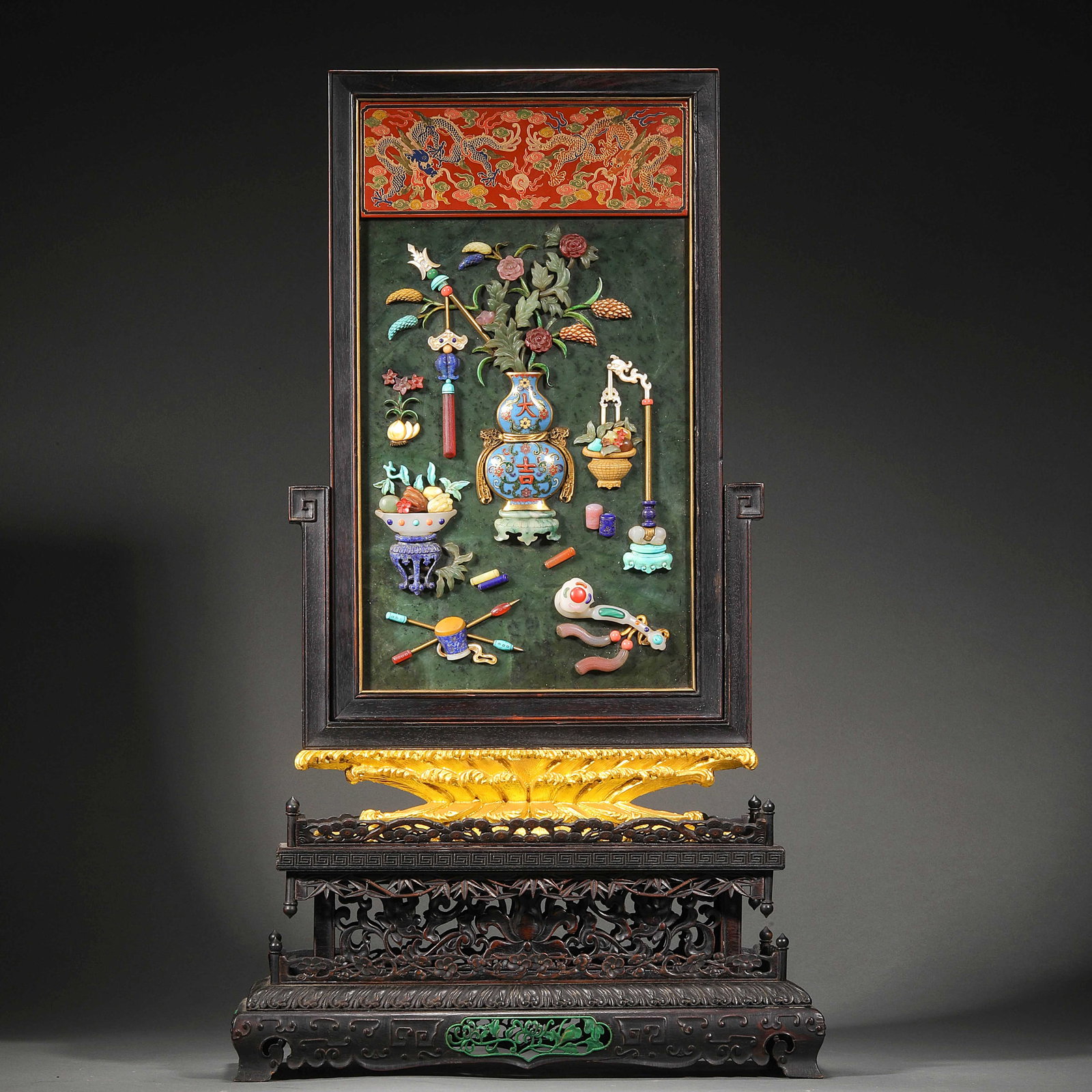 Qing Dynasty rosewood inlaid screen with a hundred treasures (1 of 18)