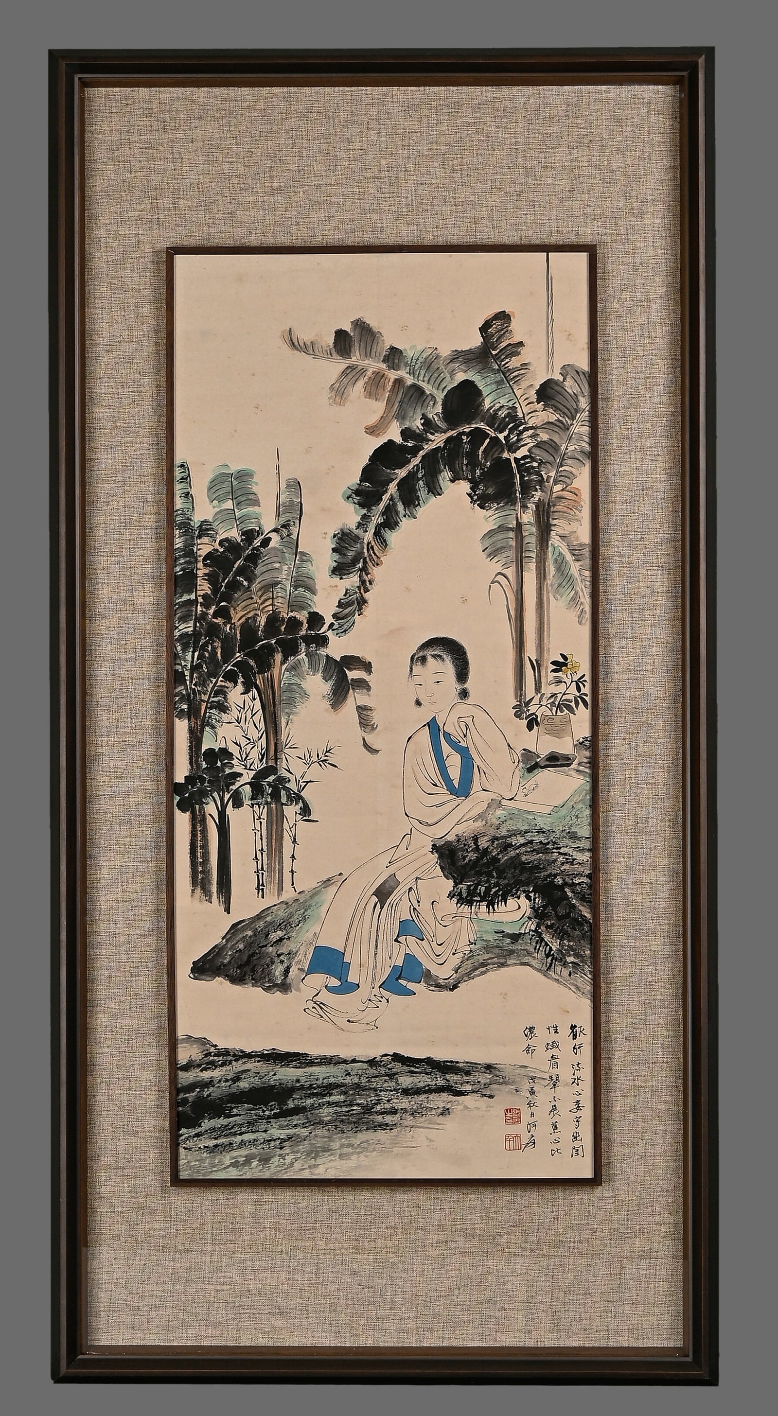 Zhang Daqian's painting of Ladies with banana plants on paper in a solid wood frame: Zhang Daqian's painting of Ladies with banana plants on paper in a solid wood frameW 58cmL116cm