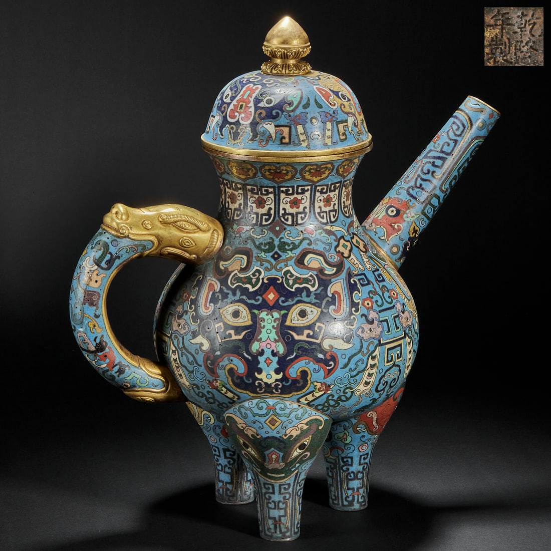 Qing Dynasty cloisonne enamel gilded beast face three-legged ewer (1 of 14)