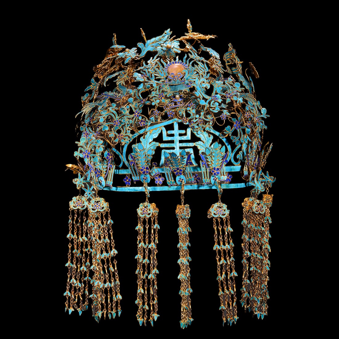 Qing Dynasty silver gilt-dotted emerald phoenix crown: Qing Dynasty silver gilt-dotted emerald phoenix crownH18cm W20cm