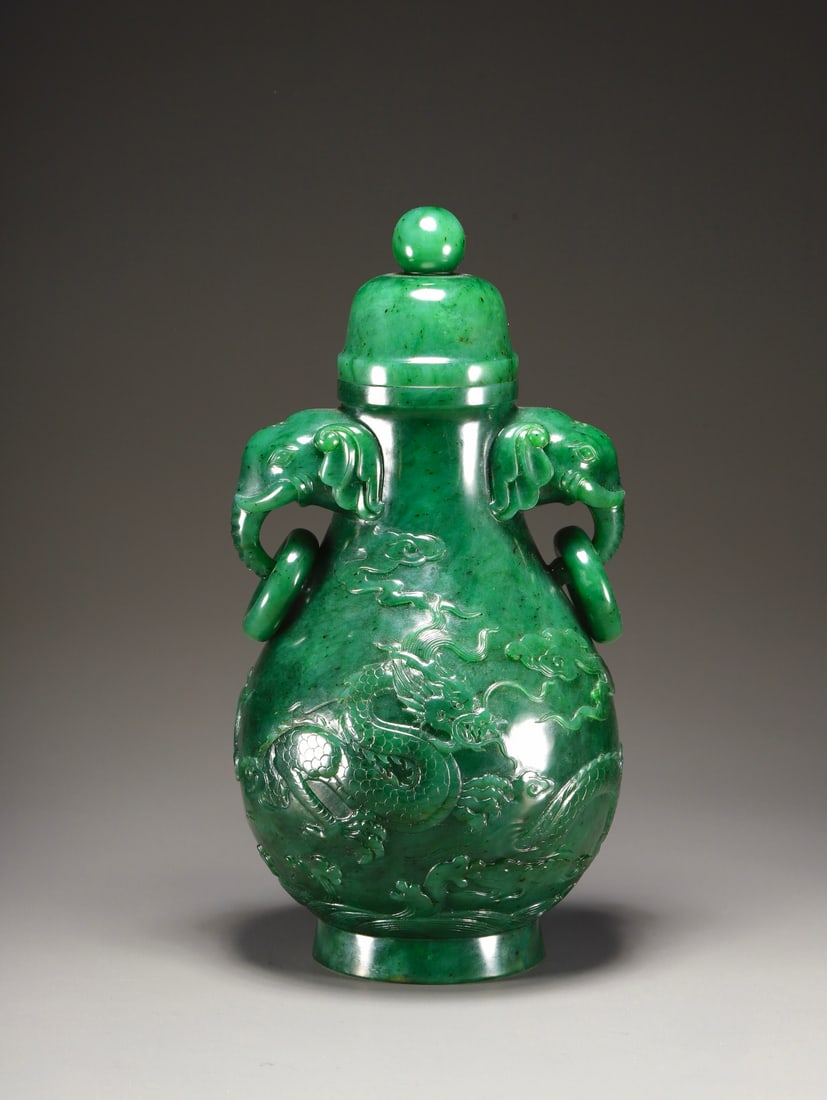 Qing Dynasty Hetian Jasper Dragon Pattern Elephant Ear Bottle: H cm W cm Weight g