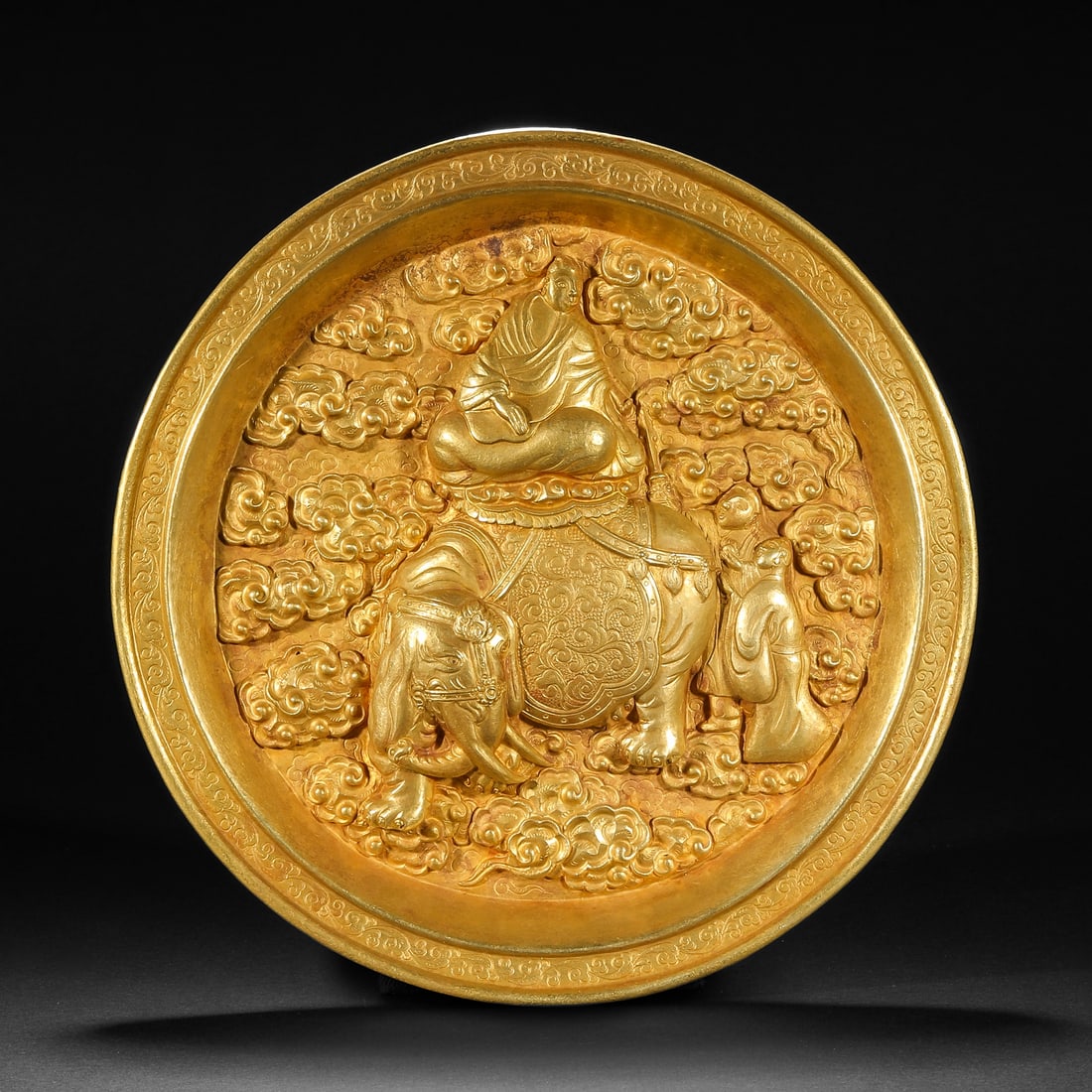 Before the Ming Dynasty, the gold-made Pu Xian Bodhisattva rubbing plate: D18cm Weight210.5g