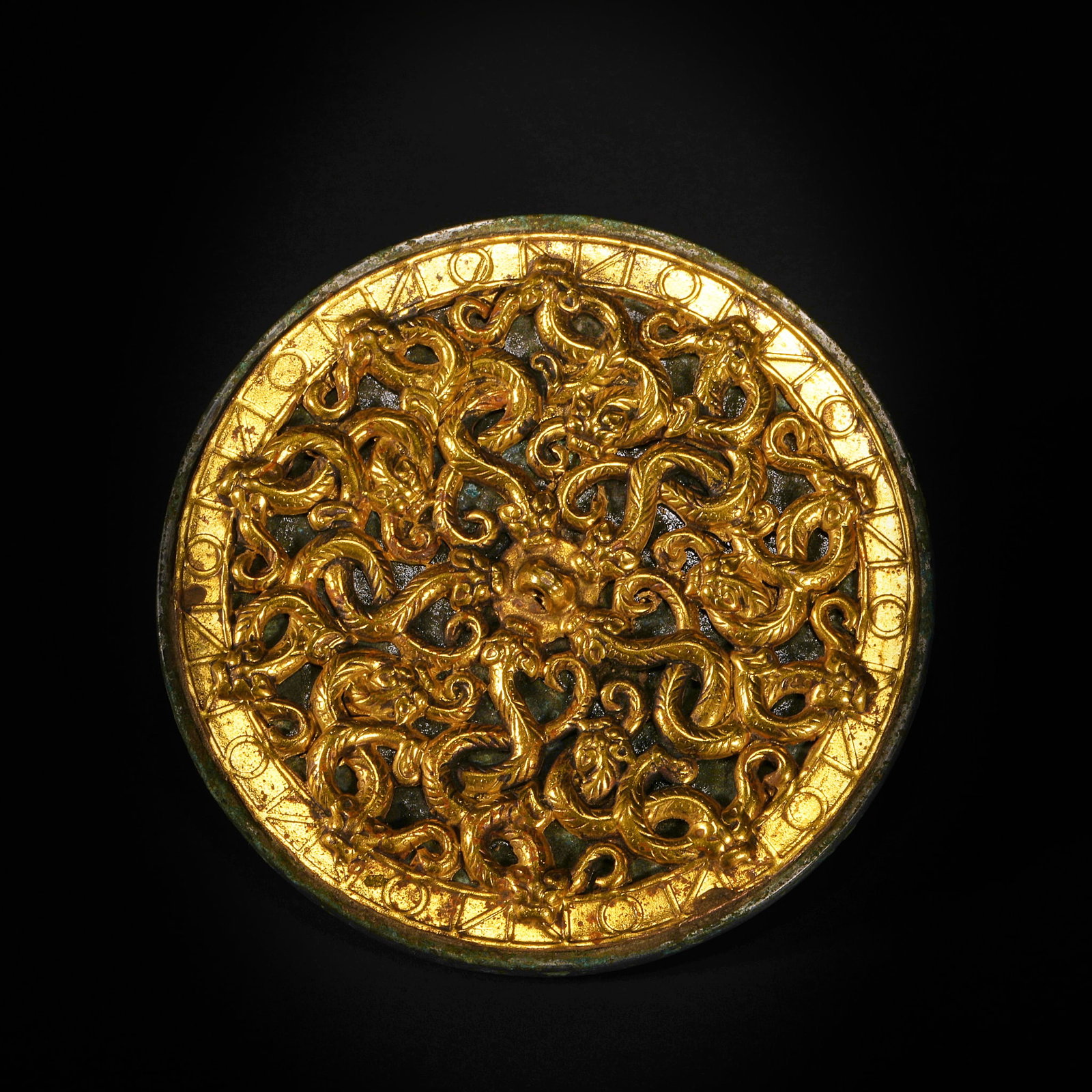 Before the Ming Dynasty silver gilt composite dragon mirror: H9cm WcmWeight178g