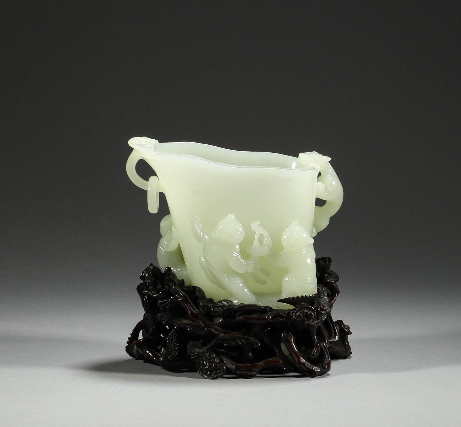 In Qing Dynasty, Hetian Jade Boy Offers Fujue Cup: H:12cm,W:14cm,Weight:963g