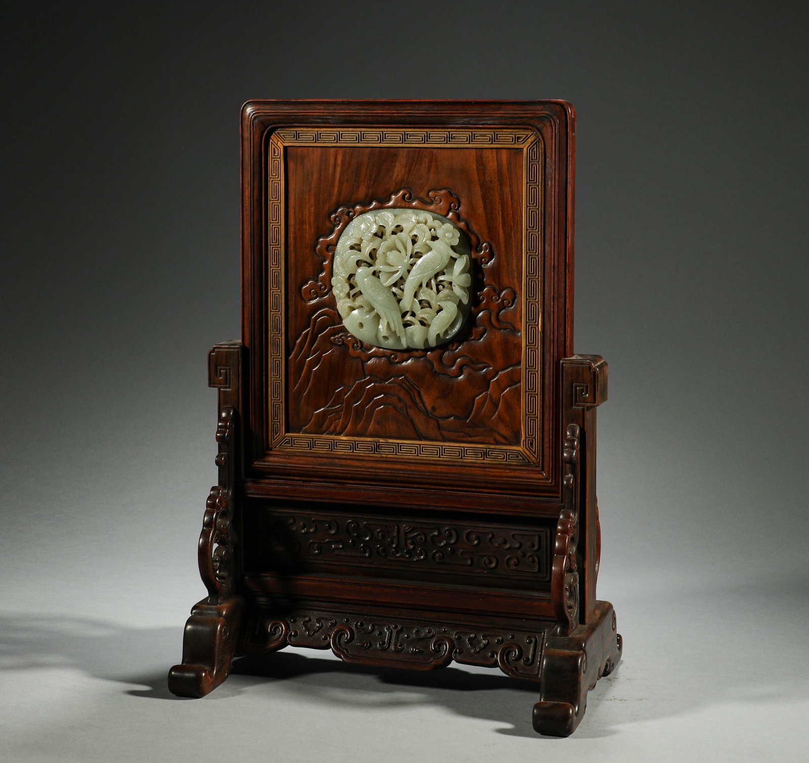 Qing Dynasty, Huanghua pear wood inlaid with Hetian jade flower bird screen (1 of 6)