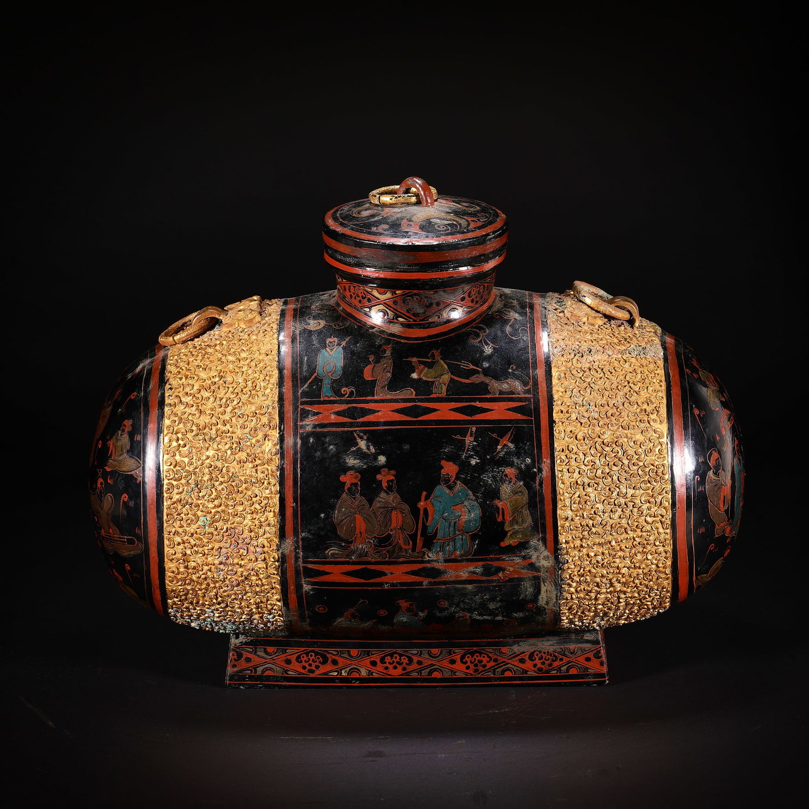 Before the Ming Dynasty, the story of lacquer characters embedded with gold tadpole pattern flat pot (1 of 13)