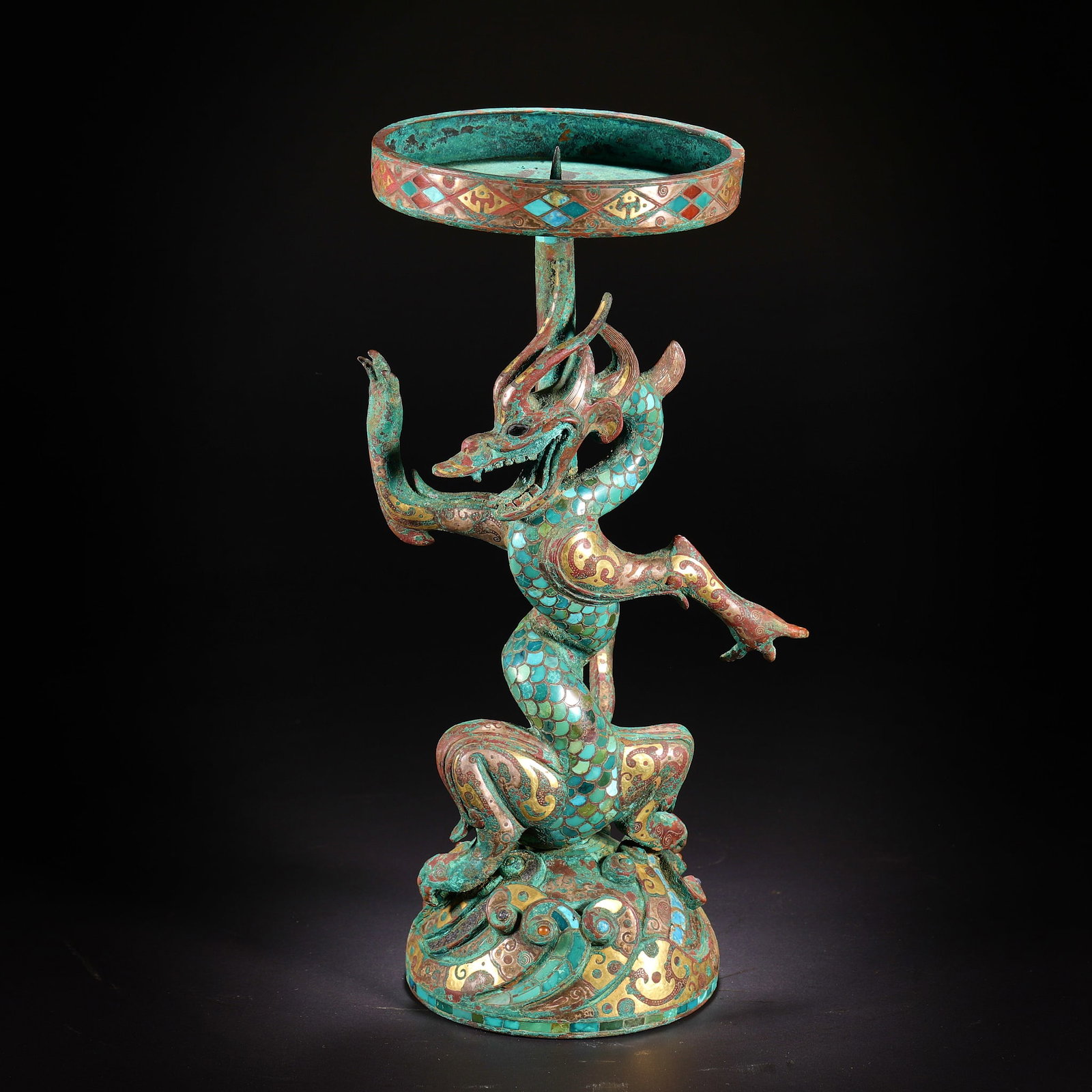 Before the Ming Dynasty, the bronze lamp plate of the mythical beast: H30cm W11cm