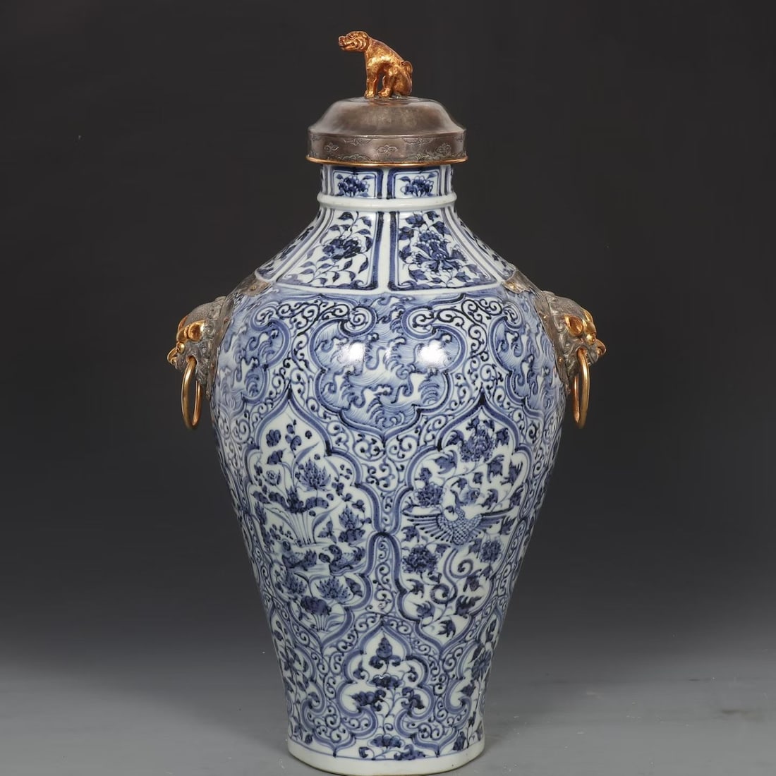 Before the Ming Dynasty, Qinghua Beast Head Ear Bottle: H 55cm W 31cm