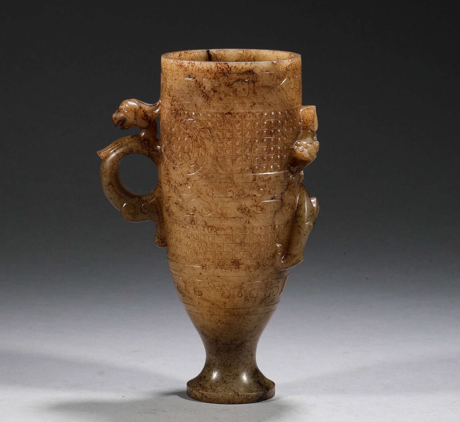 Before the Ming Dynasty, Hetian Yu Chi Long Grain Cup: H:16cm,W:10cm,Weight:327g