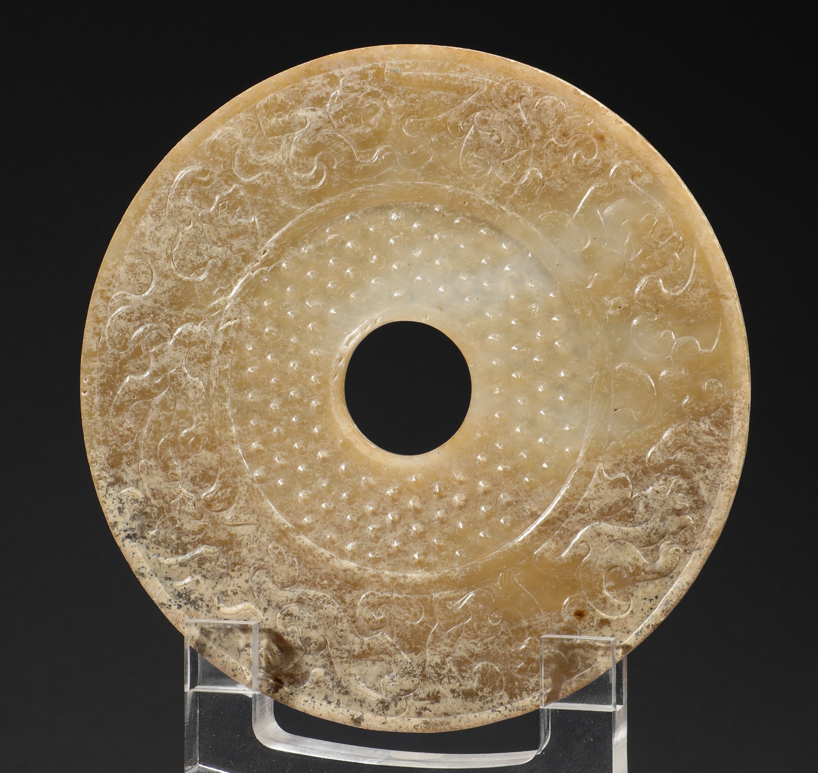 Before the Ming Dynasty, Hetian Jade Dragon Spring: Diamter:14cm,Weight:151g