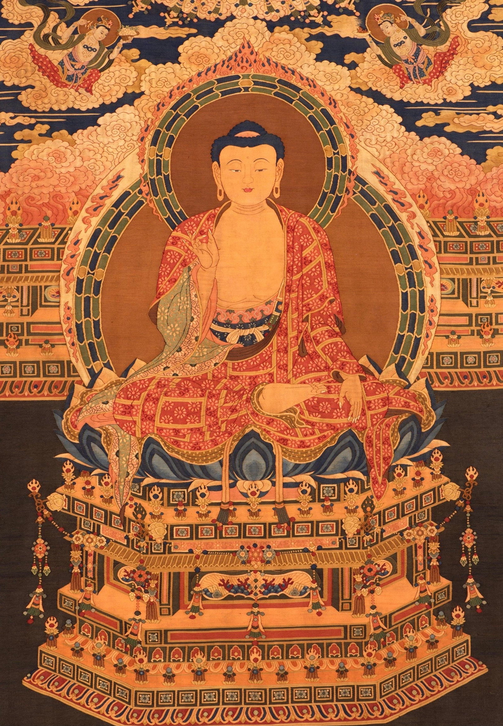 Ming Dynasty Sakyamuni Sitting Like Palace Embroidered Thangka: H140cm W85cm