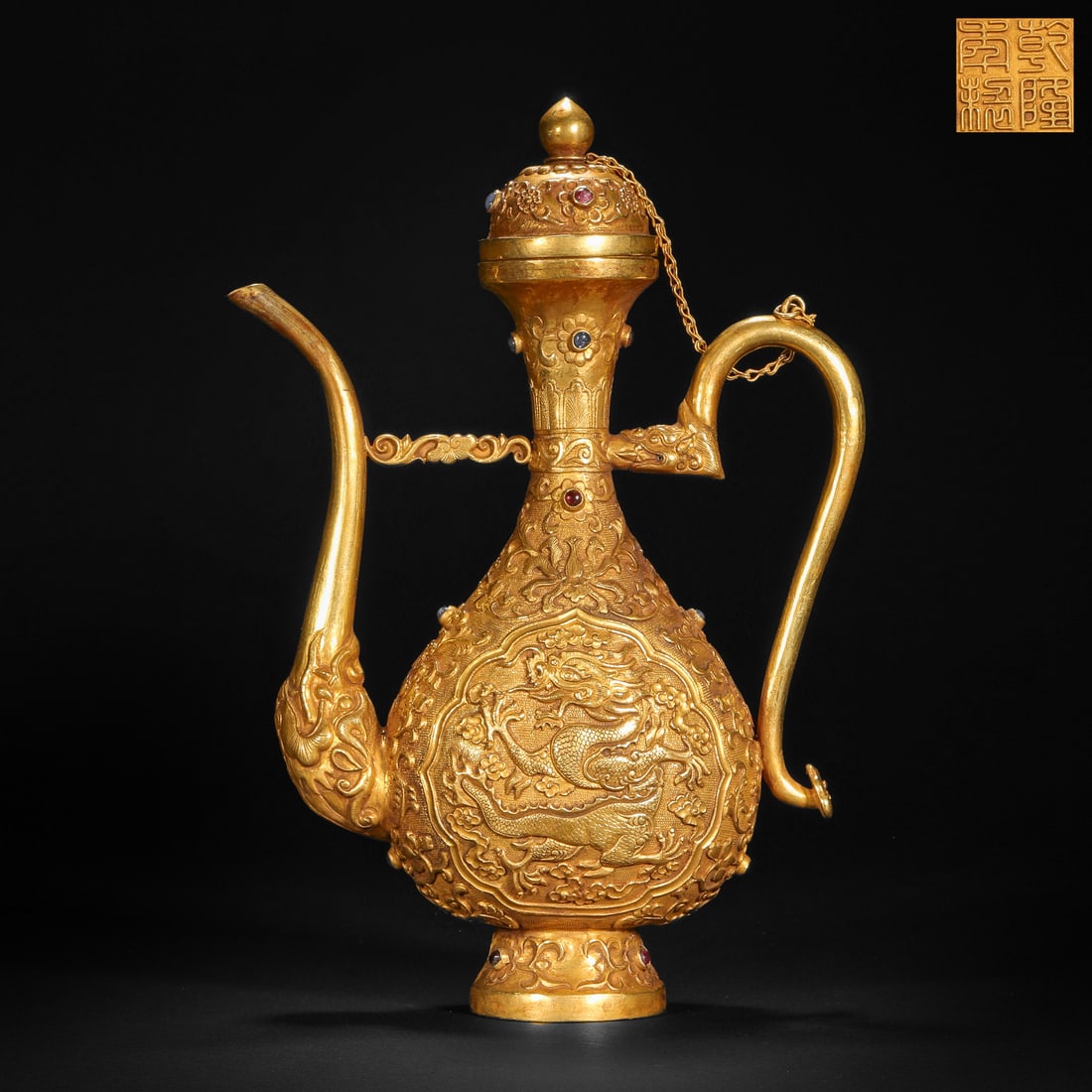 Qing Dynasty gold-made gem-inlaid dragon-pattern holding pot: H23cm W16cm Weight467g