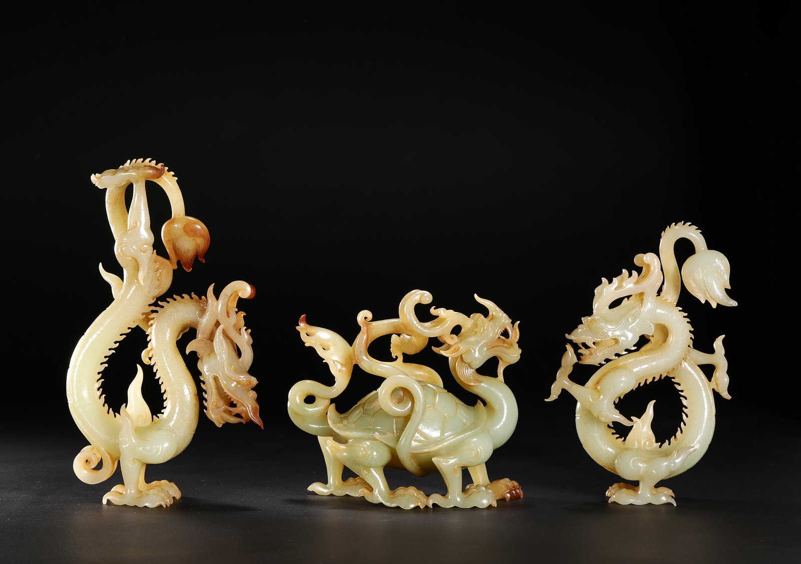 Before the Ming Dynasty, Hetian Yu Li Long Dragon Turtle Flying Dragon Set: H16cm W10cm Weight927g