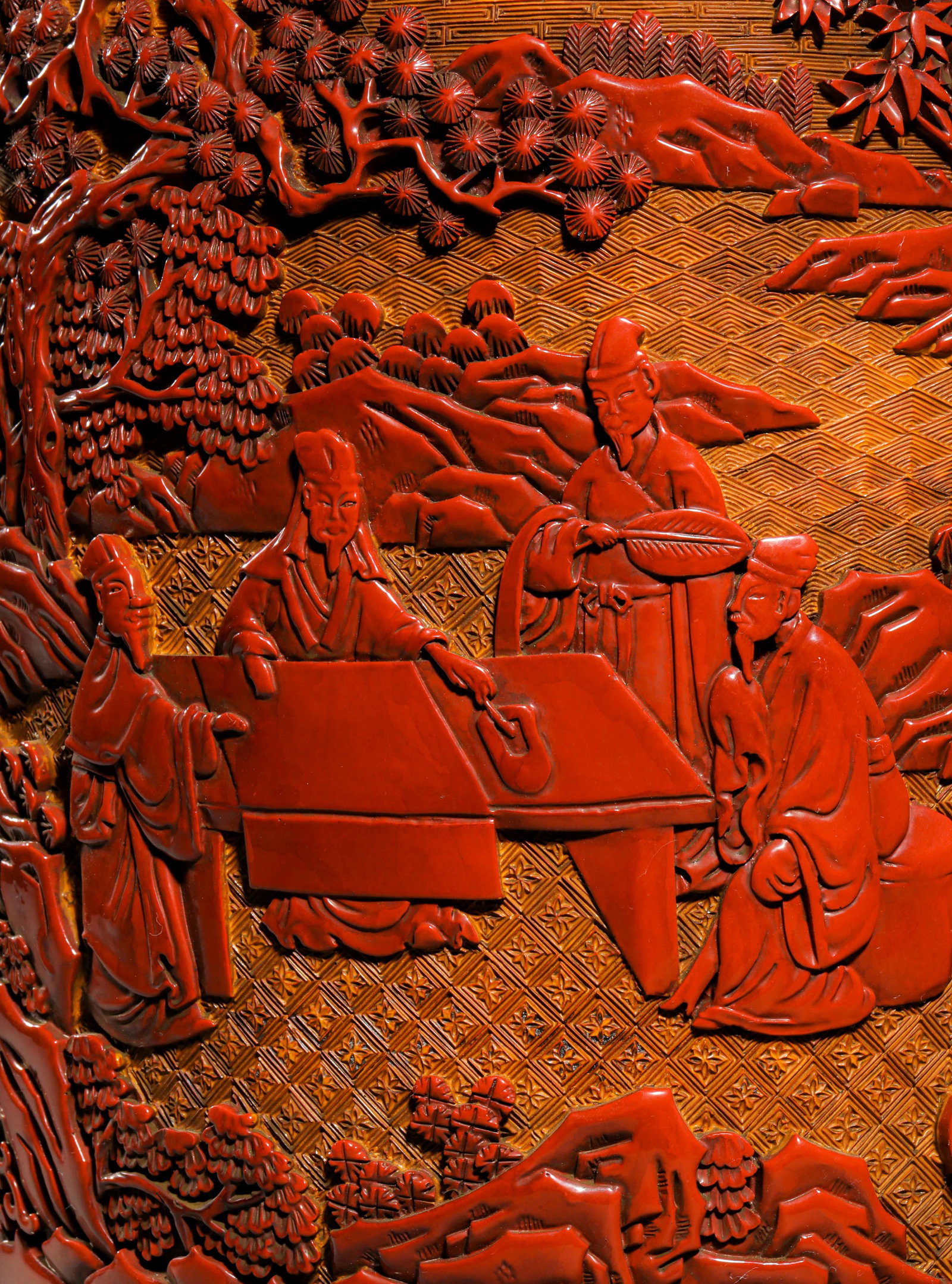 Qing Dynasty Lacquer Tick Red Carving Figure Story Landscape Bottle (1 of 16)