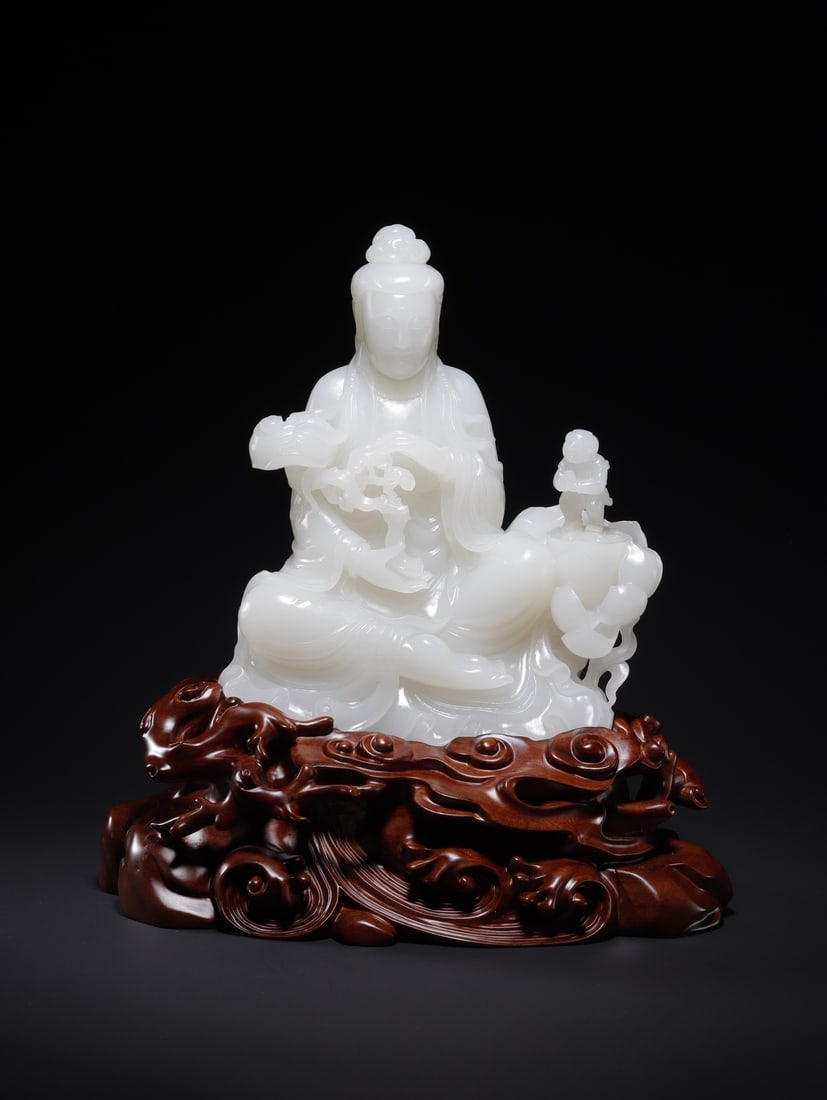 Hetian Jade Boy of Qing Dynasty worship guanyin ornaments: H18.5 cm W 14.5cm Weight1550 g