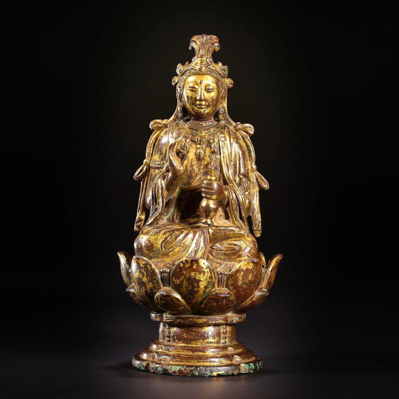 Before the Ming Dynasty, bronze gilt net bottle Guanyin statue: H16cm W8cm