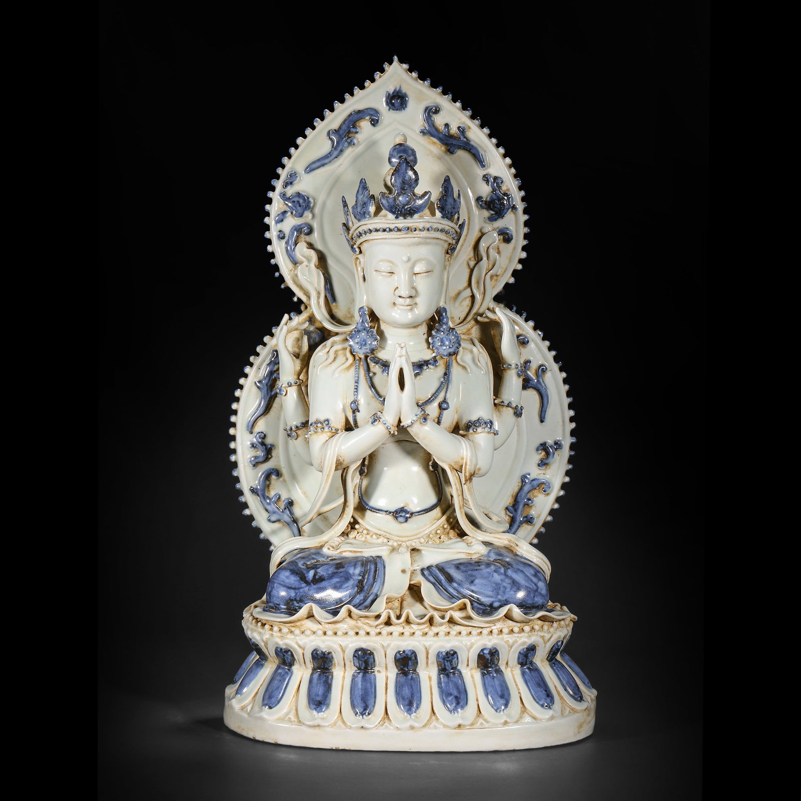 Yuan Dynasty Blue and Flower 4 Arm Guanyin: H 42cm W 22cm