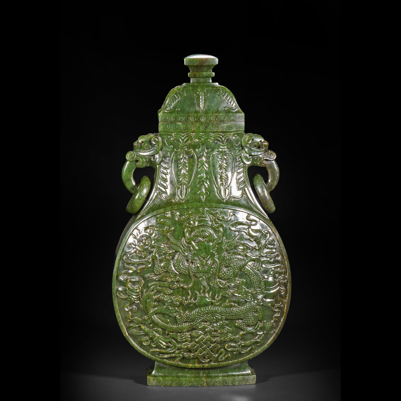 Qing Dynasty Hetian Jade Elephant Dragon Pattern Bottle: H35 cm W 18cm Weight3053 g