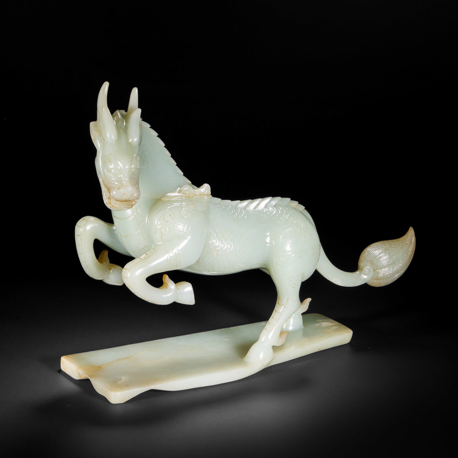 Qing Dynasty Hetian Jade Kirin Ornaments: H20 cm W29 cm Weight1975 g