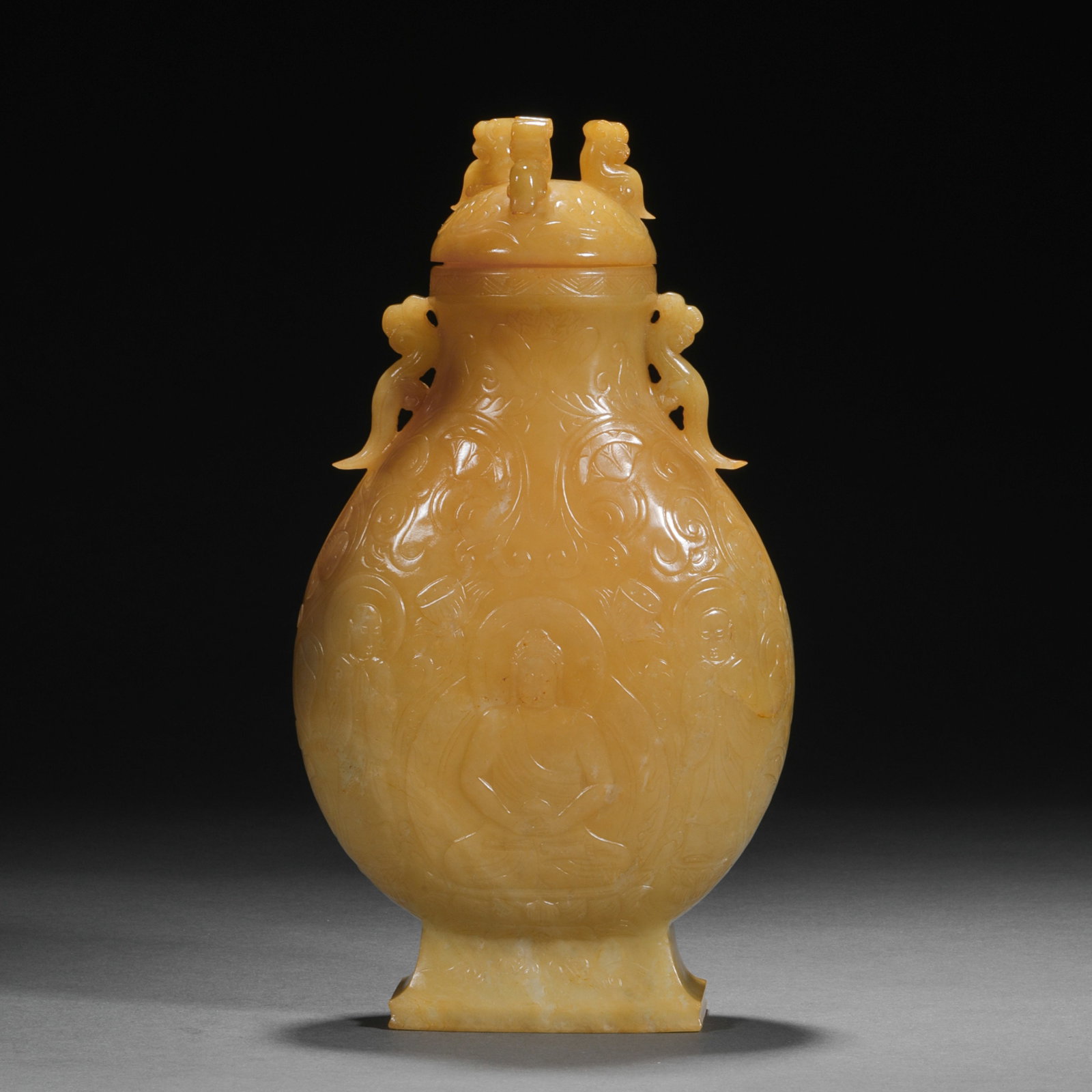 Ming Dynasty or before Hetian jade Buddhist theme water bottle: H23.5cm W13cm Weight874g