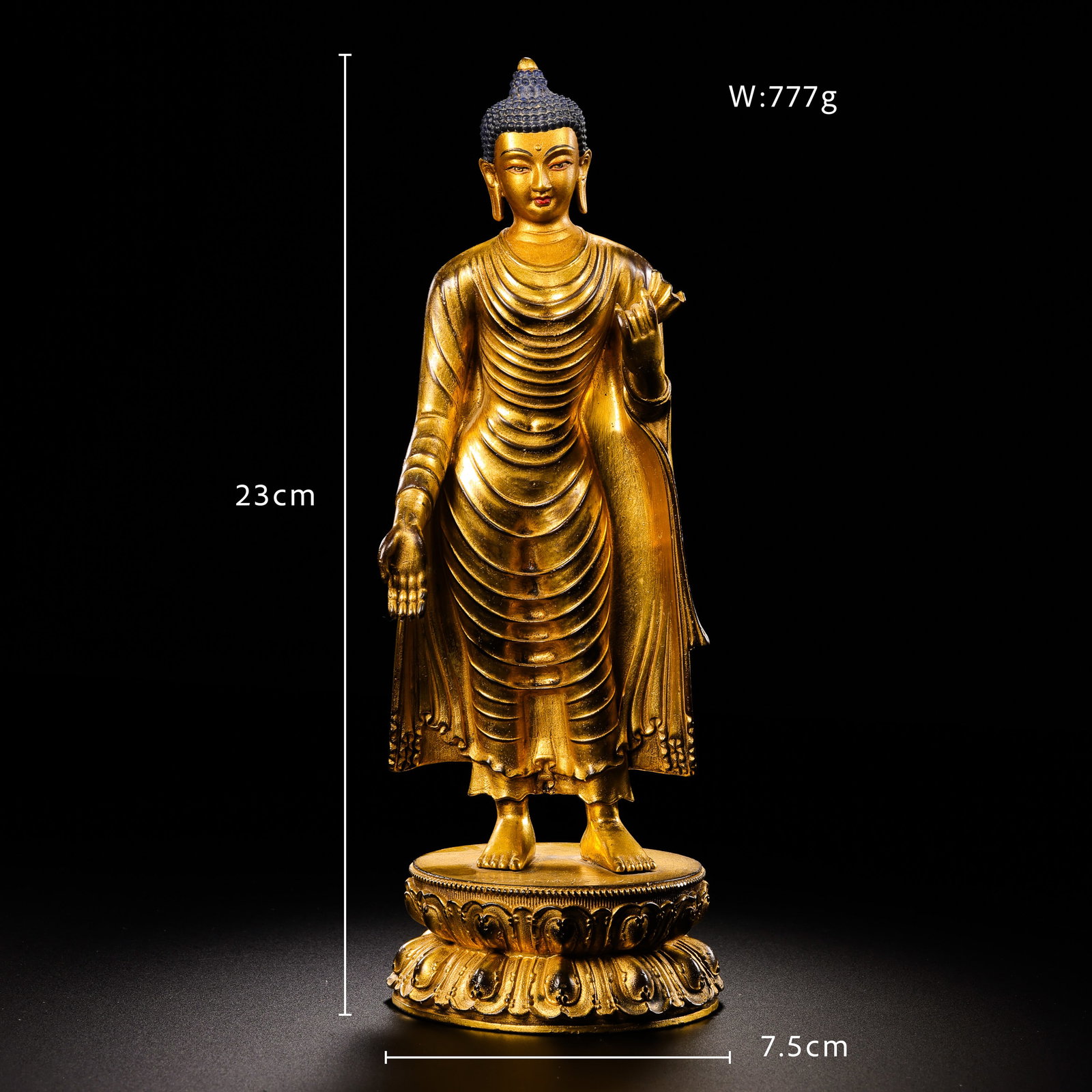 Qing Dynasty bronze gilt Shakyamuni Buddha: H 23cm W 7.5cm Weight777 g