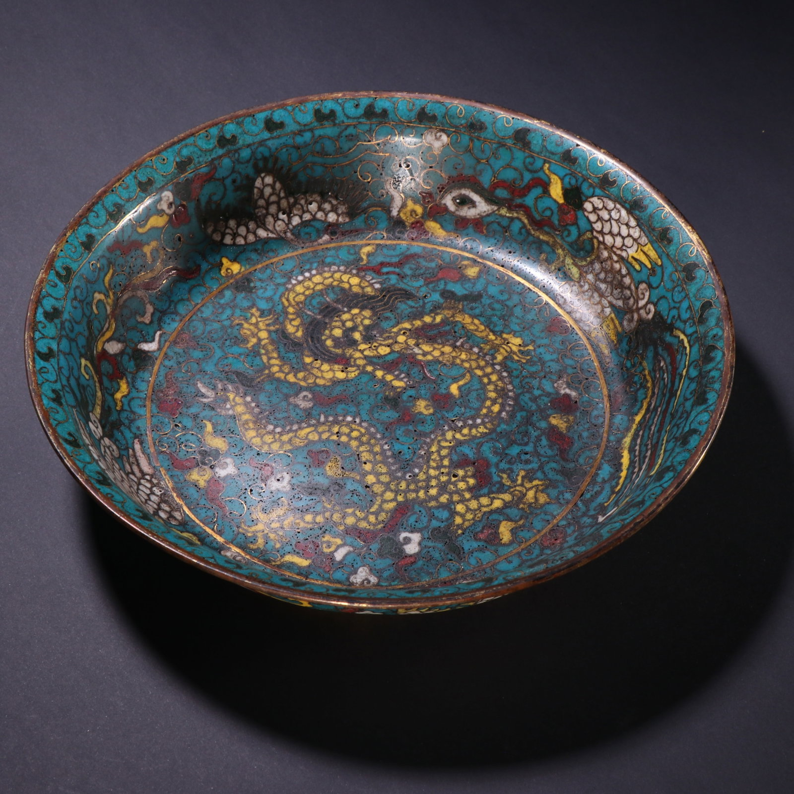 Ming cloisonne enamel dragon and phoenix auspicious appreciation plate: H5.4 cm W24 cm Wight 1139g