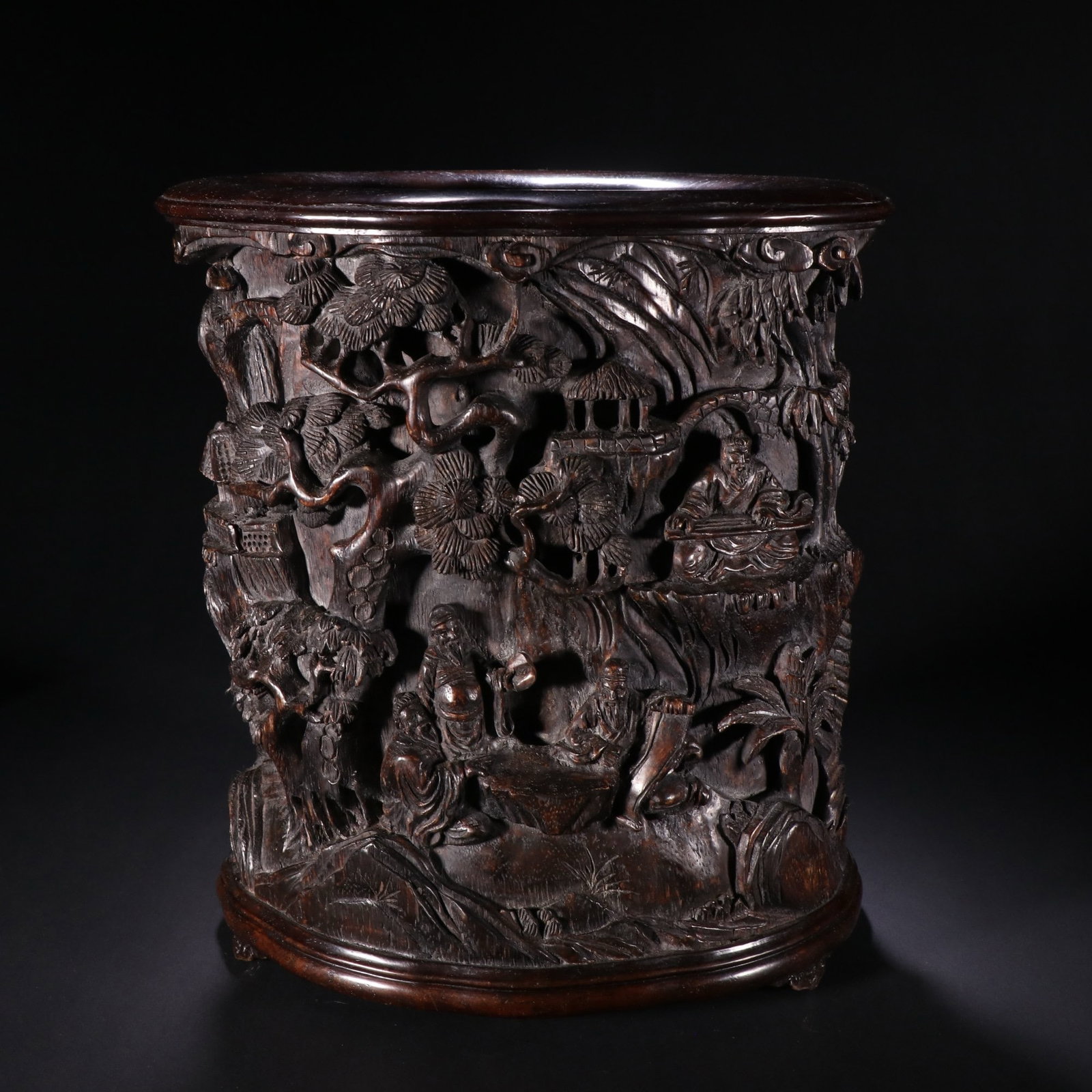 Qing dynasty agarwood carving landscape figure pen holder: H24 cm W21 cm Wight 1286g