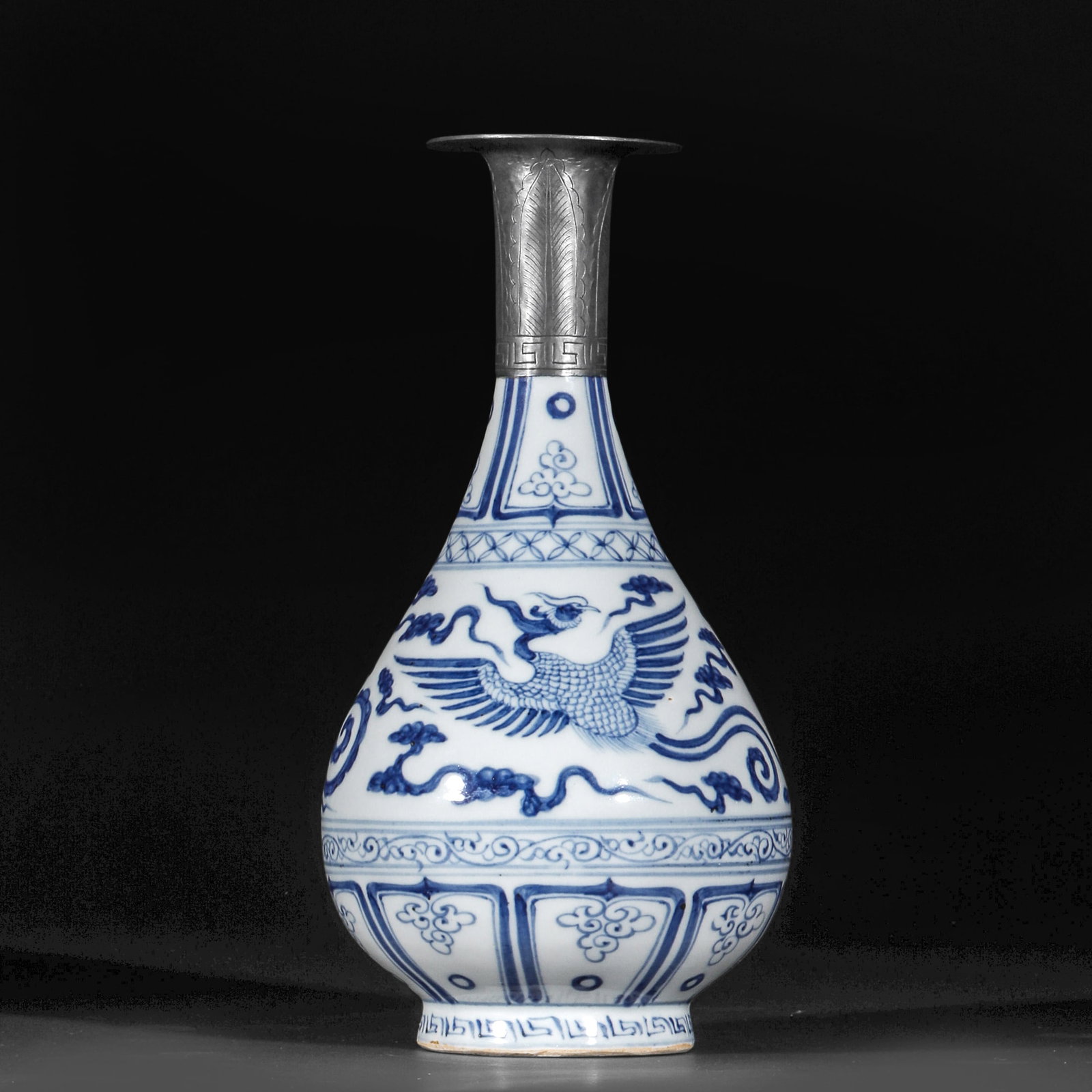 Ming Dynasty Blue and Flower Buced with Silver Mouth and Phoenix Pattern Jade Huchun: H26cm W13cm