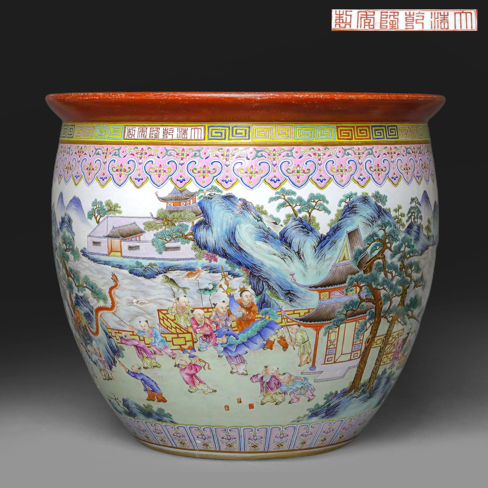 Qing Dynasty pastel landscape silk cylinder: H49cm W56.5cm