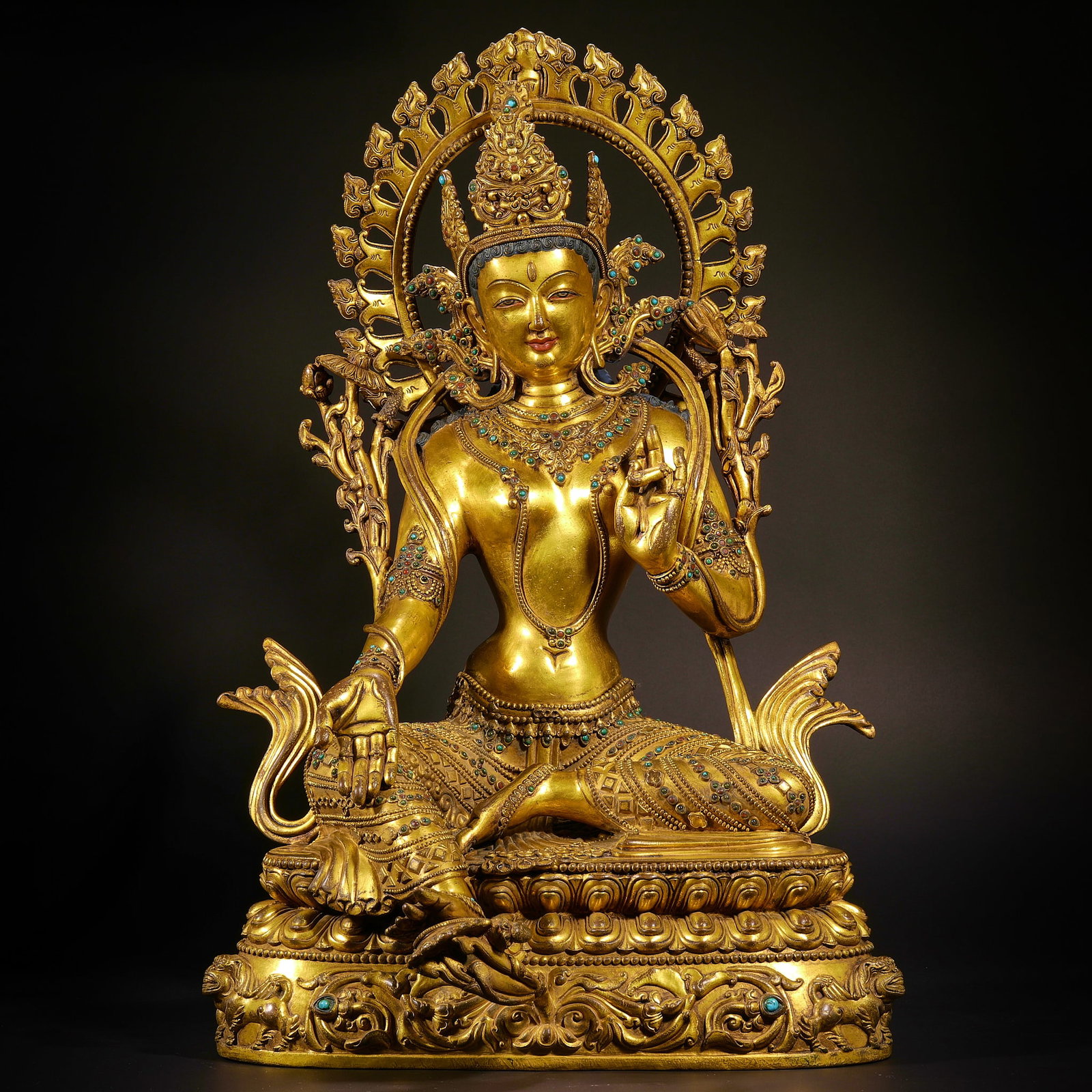 Ming Dynasty copper gilt embedded loose stone mother sitting image: H50cm W32cm